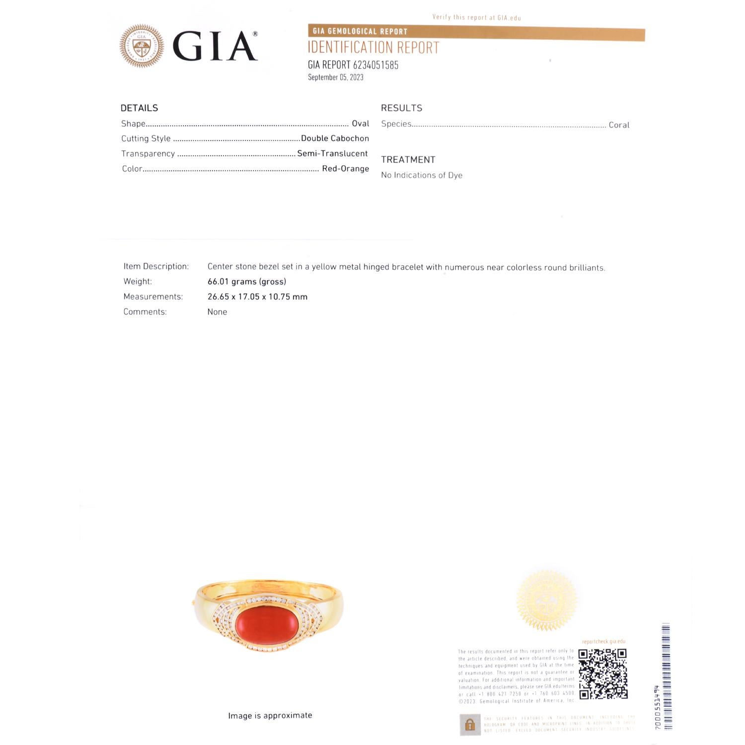 Bracelet manchette en or 18K avec corail rouge et diamant GIA Pour femmes en vente