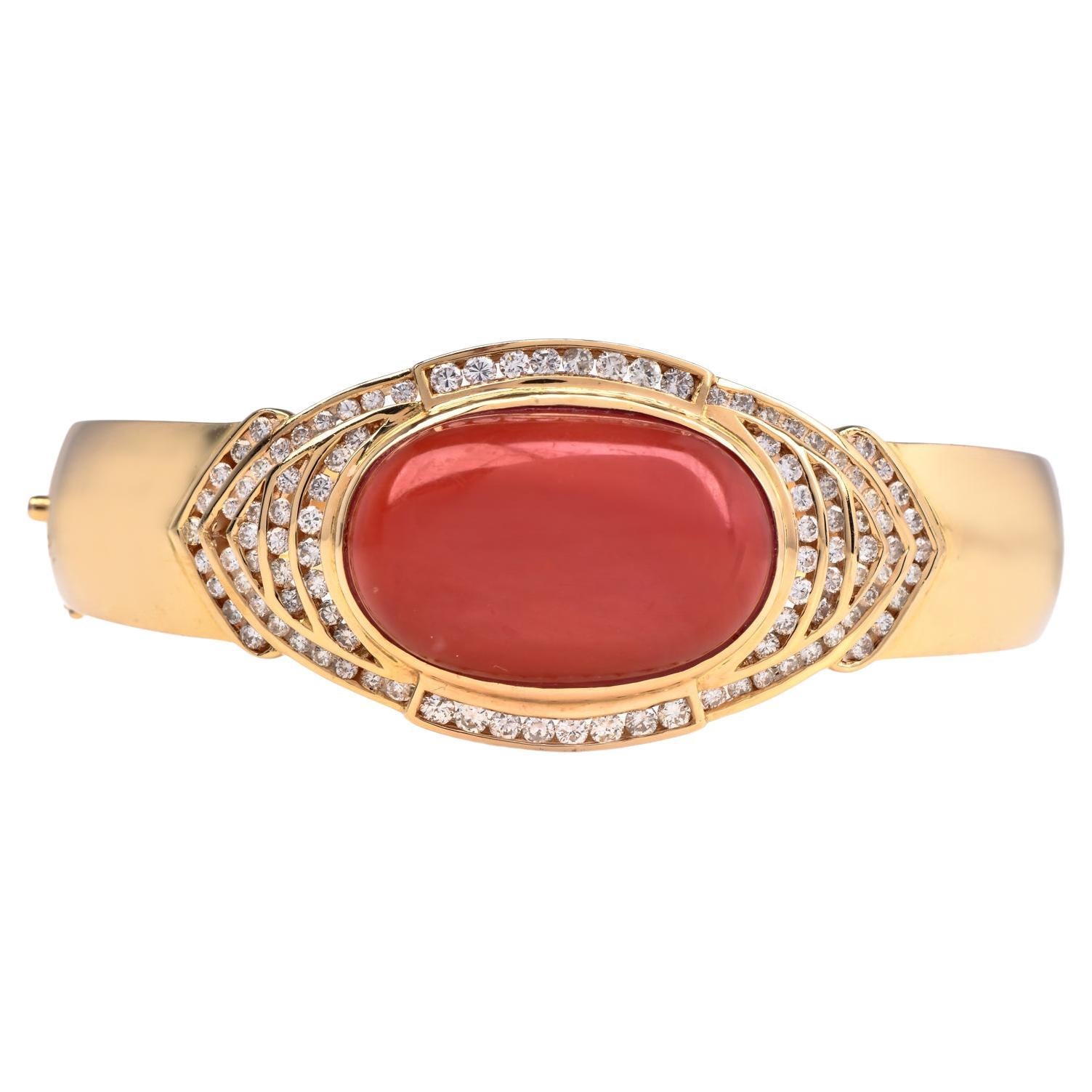 GIA Red Coral Diamond 18K Gold Statement Cuff Bracelet For Sale