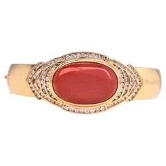 Vintage GIA Red Coral Diamond 18K Gold Statement Cuff Bracelet