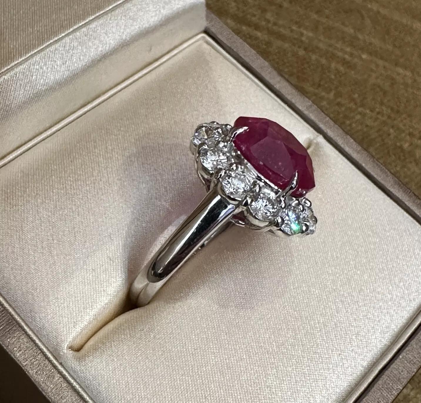 GIA Red Natural Oval Ruby 8.88 carat and Diamond Ring in Platinum In Excellent Condition For Sale In La Jolla, CA