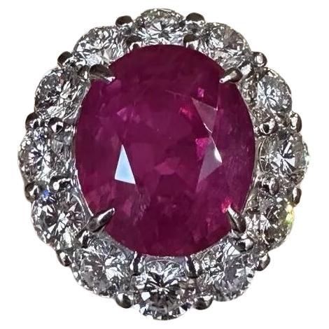 GIA Red Natural Oval Ruby 8.88 carat and Diamond Ring in Platinum For Sale