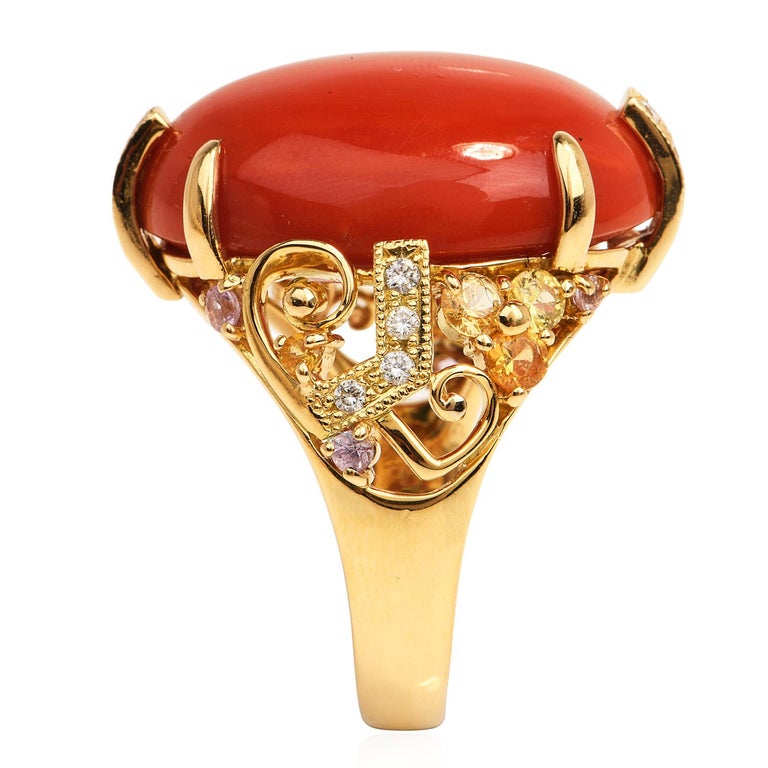 Cabochon GIA Red Salmon Natural Coral Diamond Sapphire 18k Gold Geometric Cocktail Ring For Sale