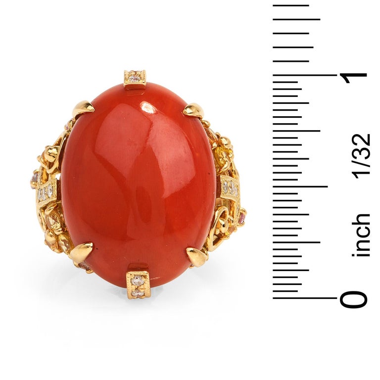 GIA Red Salmon Natural Coral Diamond Sapphire 18k Gold Geometric Cocktail Ring In Excellent Condition For Sale In Miami, FL