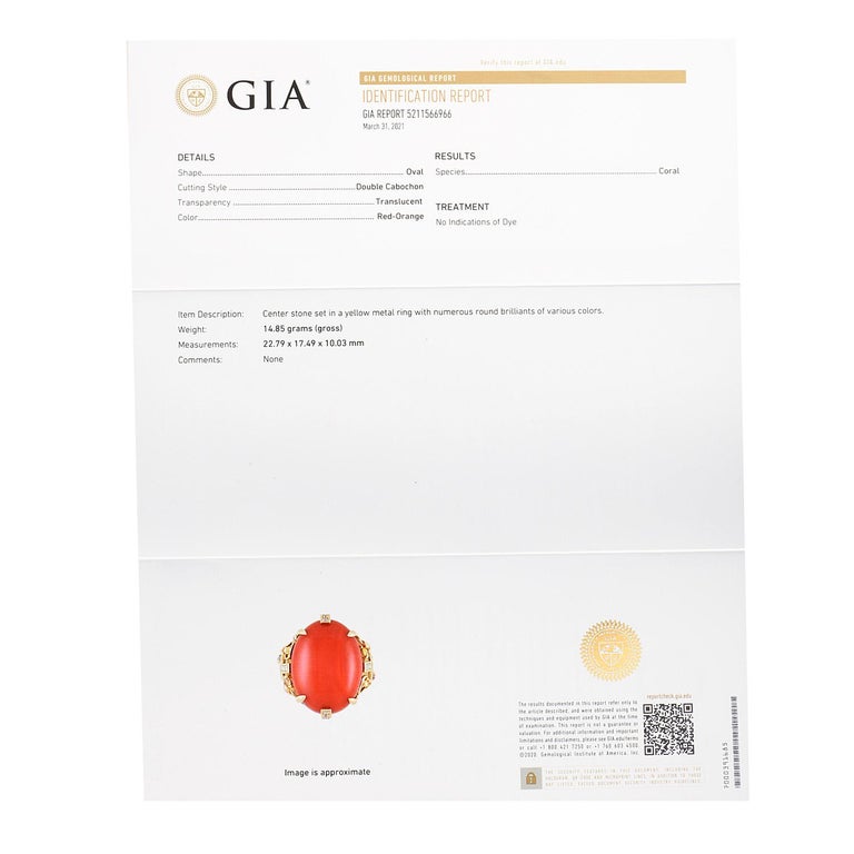 GIA Red Salmon Natural Coral Diamond Sapphire 18k Gold Geometric Cocktail Ring For Sale 2