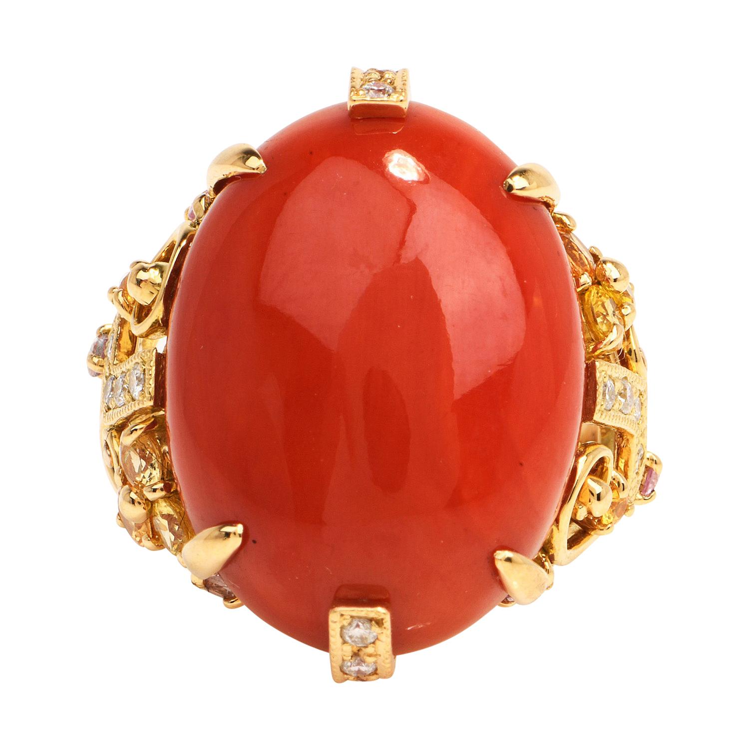 GIA Red Salmon Natural Coral Diamond Sapphire 18k Gold Geometric Cocktail Ring