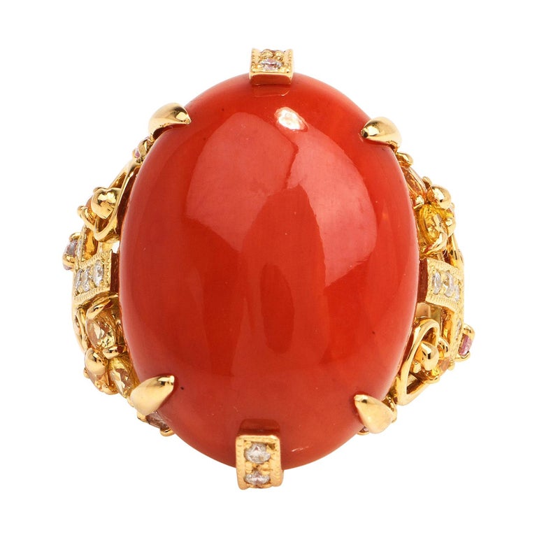 GIA Red Salmon Natural Coral Diamond Sapphire 18k Gold Geometric Cocktail Ring For Sale