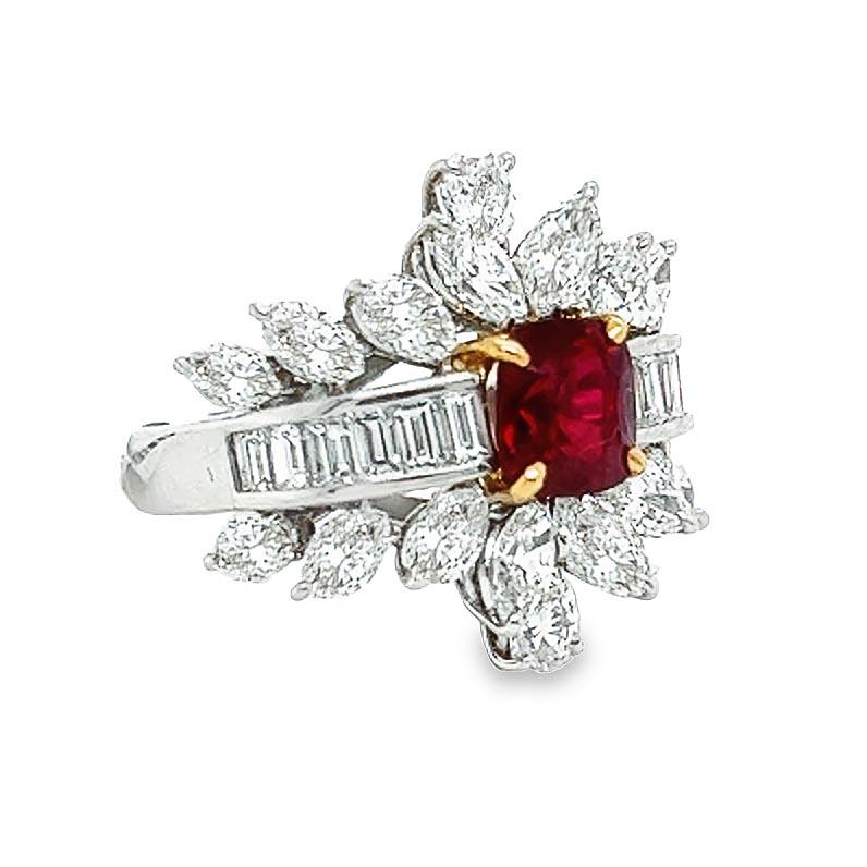 Cushion Cut GIA Red Spinel and Diamond Cluster Cocktail Ring For Sale