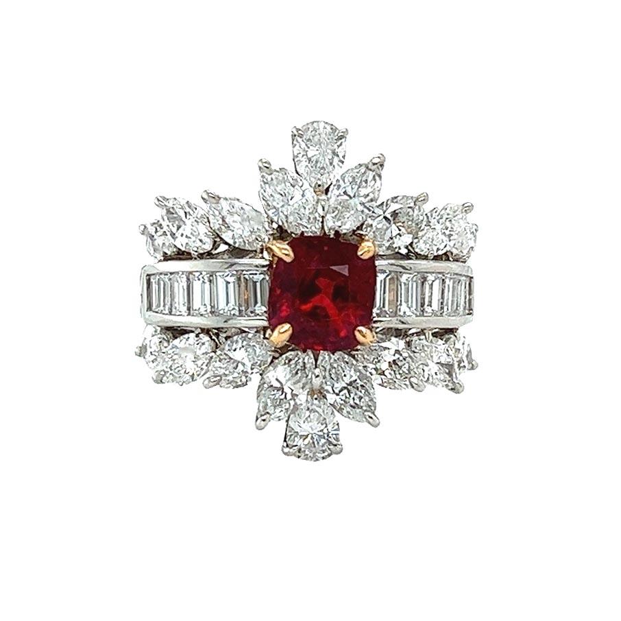 GIA Red Spinel and Diamond Cluster Cocktail Ring In New Condition For Sale In Beverly Hills, CA