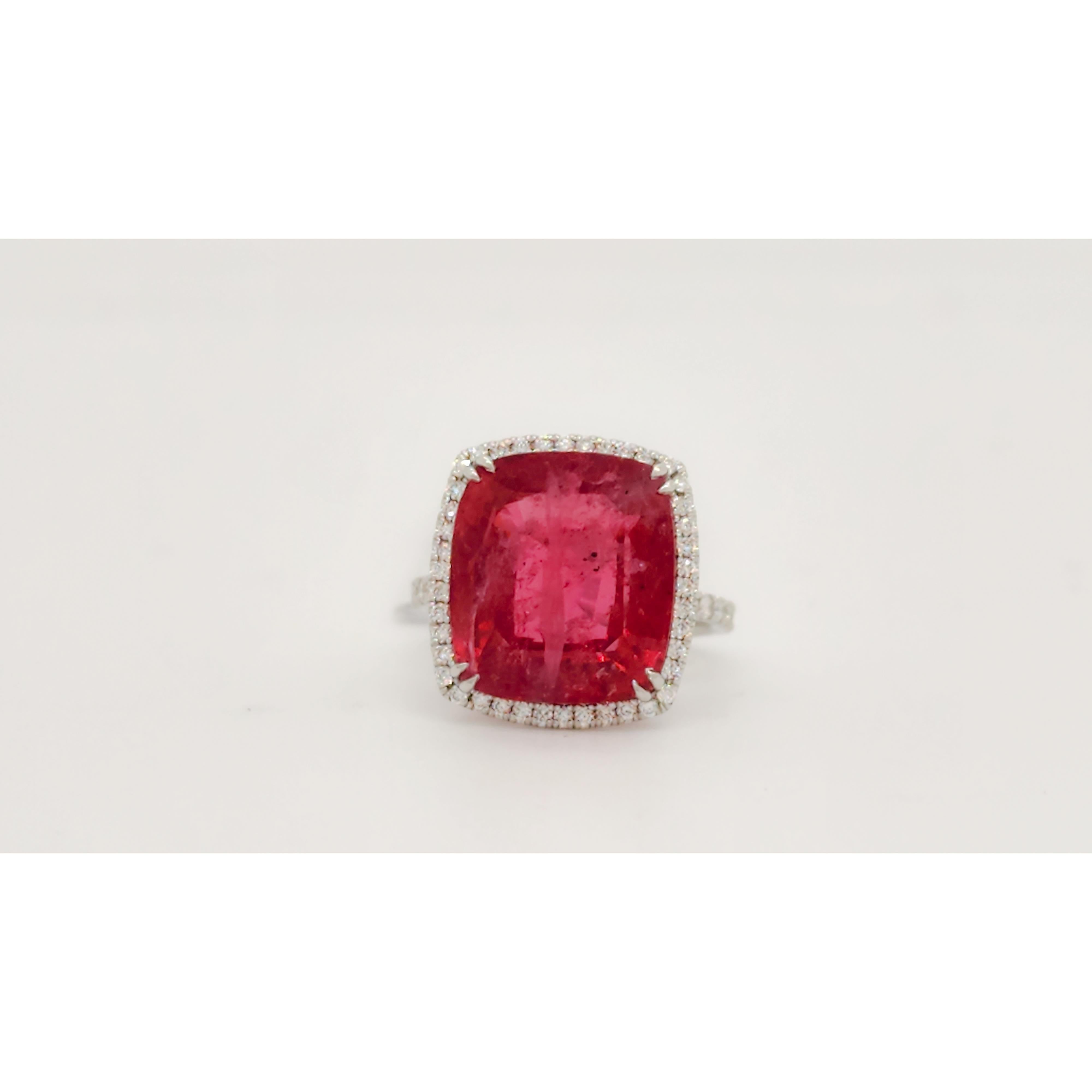 Cushion Cut GIA Red Spinel and White Diamond Cocktail Ring in 18k White Gold For Sale
