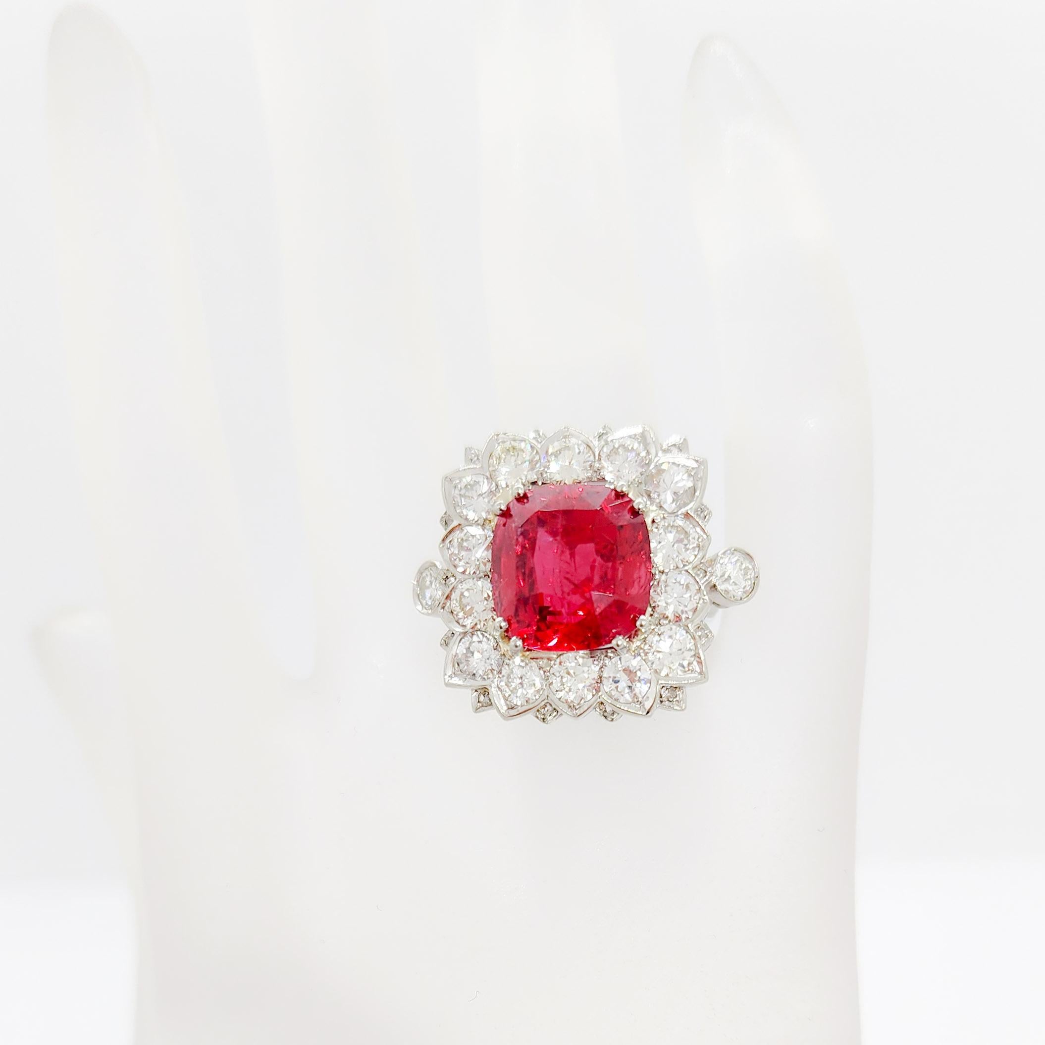 GIA Red Spinel Cushion and White Diamond Cocktail Ring in 18k White Gold For Sale 5