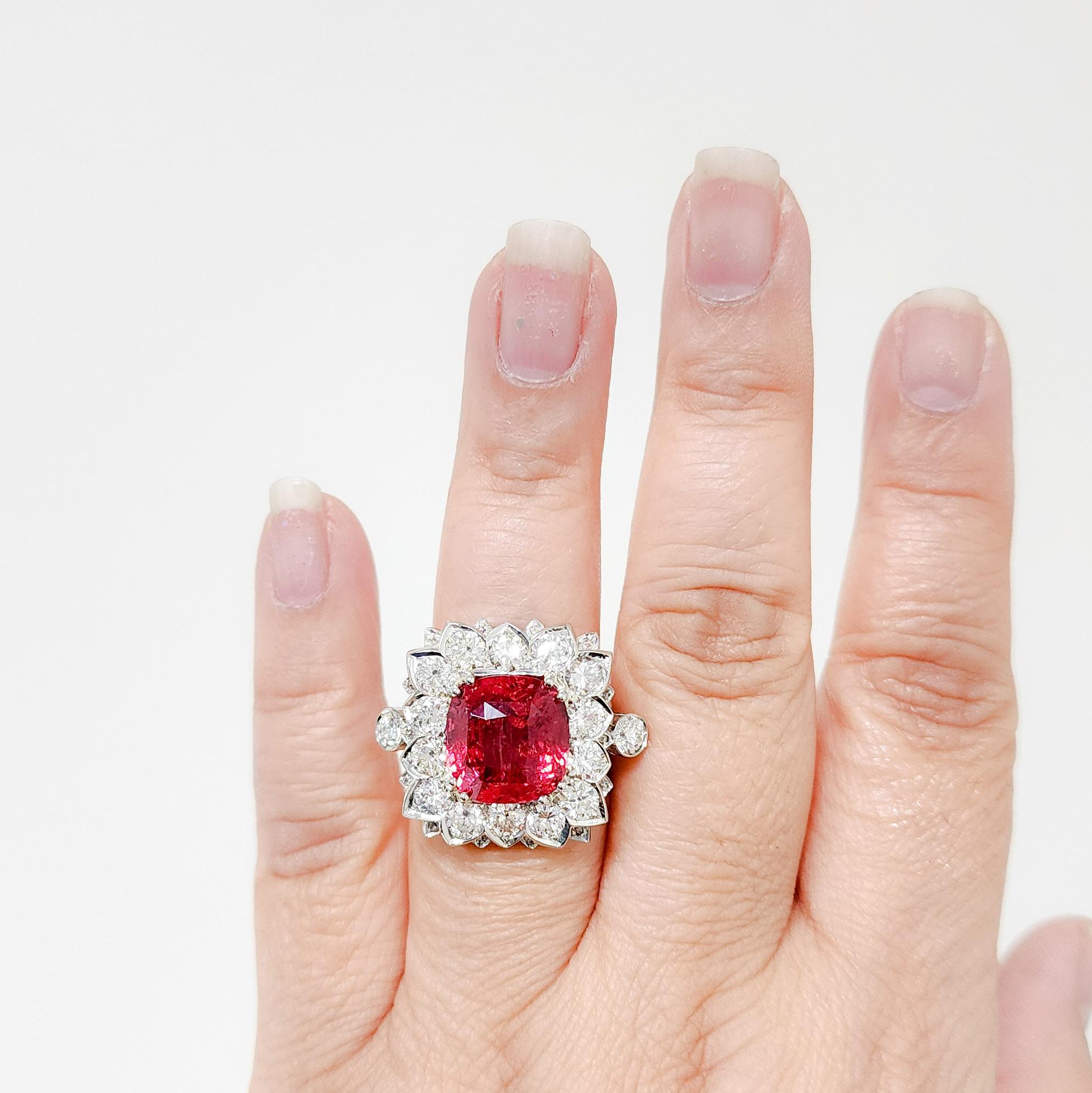 GIA Red Spinel Cushion and White Diamond Cocktail Ring in 18k White Gold In New Condition For Sale In Los Angeles, CA