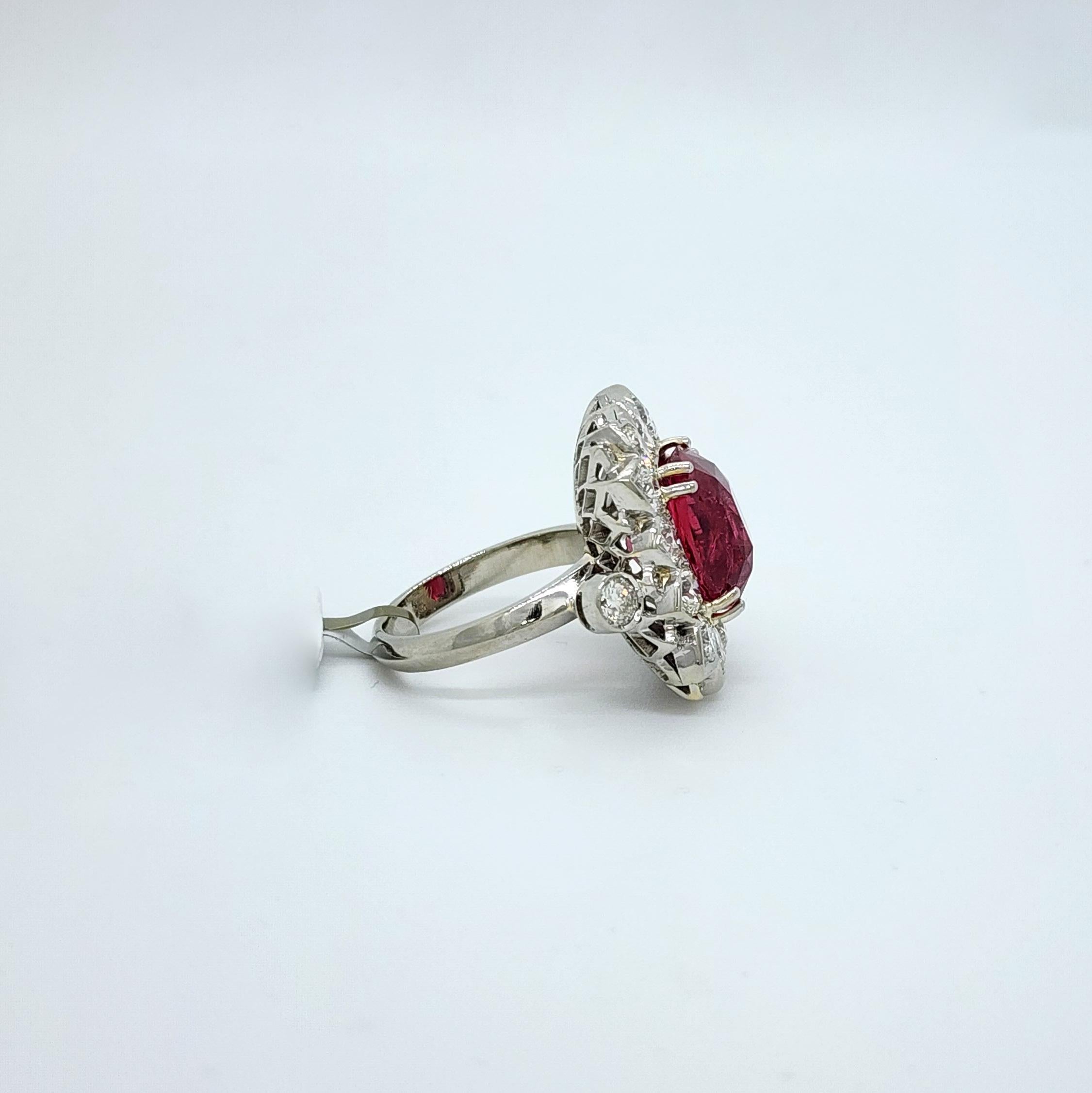 Women's GIA Red Spinel Cushion and White Diamond Cocktail Ring in 18k White Gold For Sale