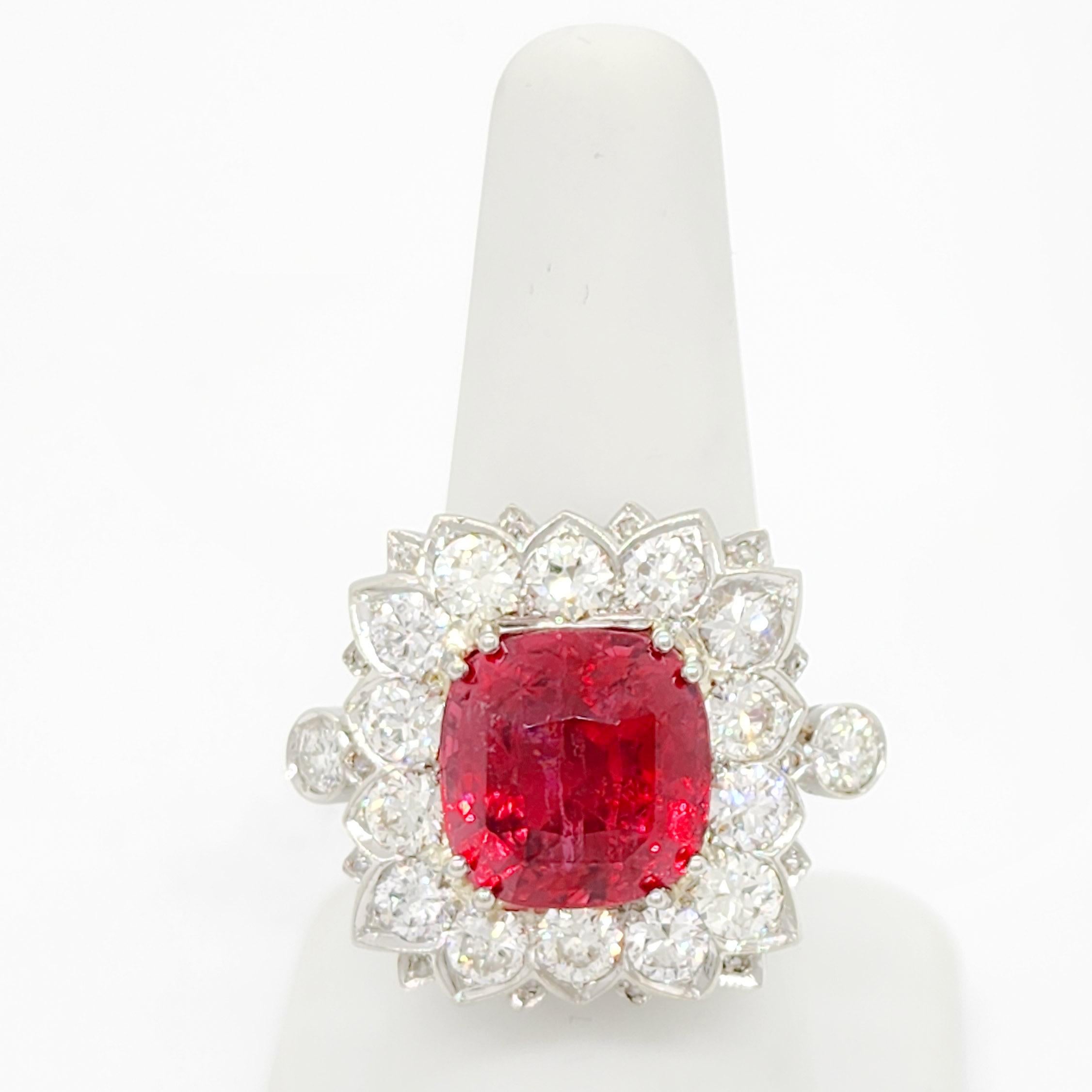 GIA Red Spinel Cushion and White Diamond Cocktail Ring in 18k White Gold For Sale 3