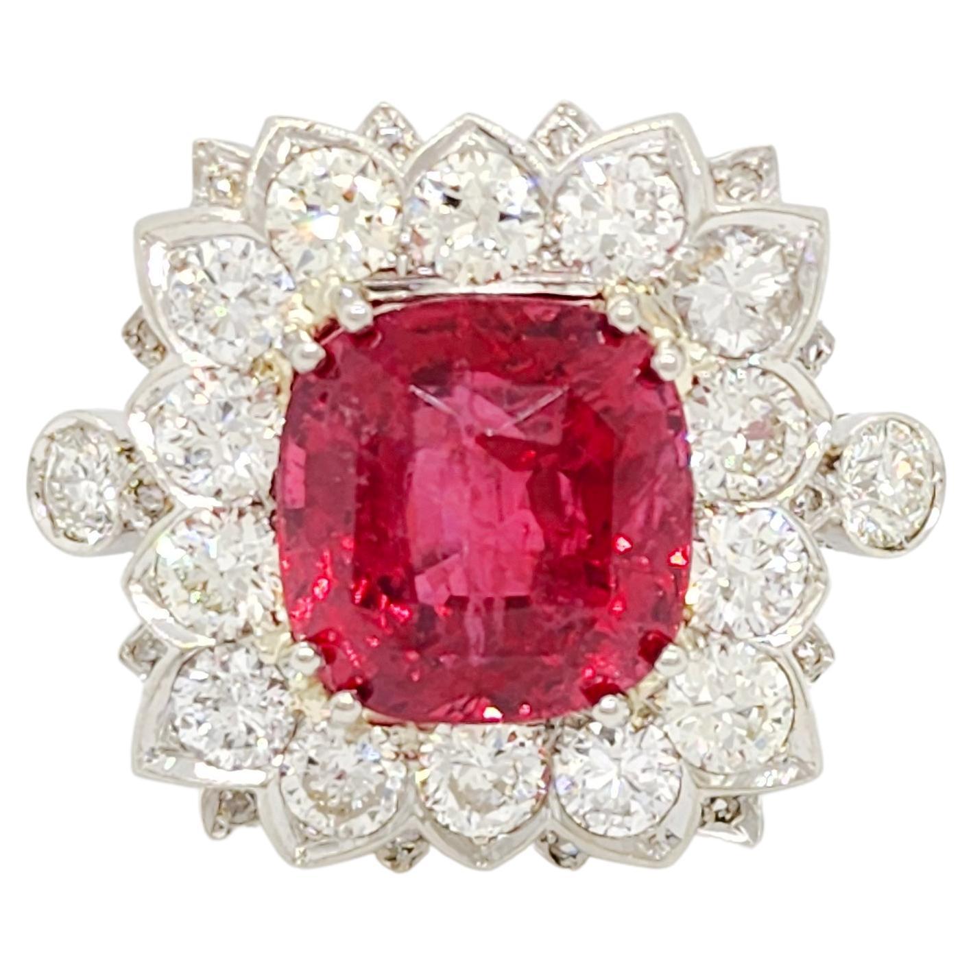 GIA Red Spinel Cushion and White Diamond Cocktail Ring in 18k White Gold For Sale