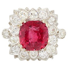 GIA Red Spinel Cushion and White Diamond Cocktail Ring in 18k White Gold