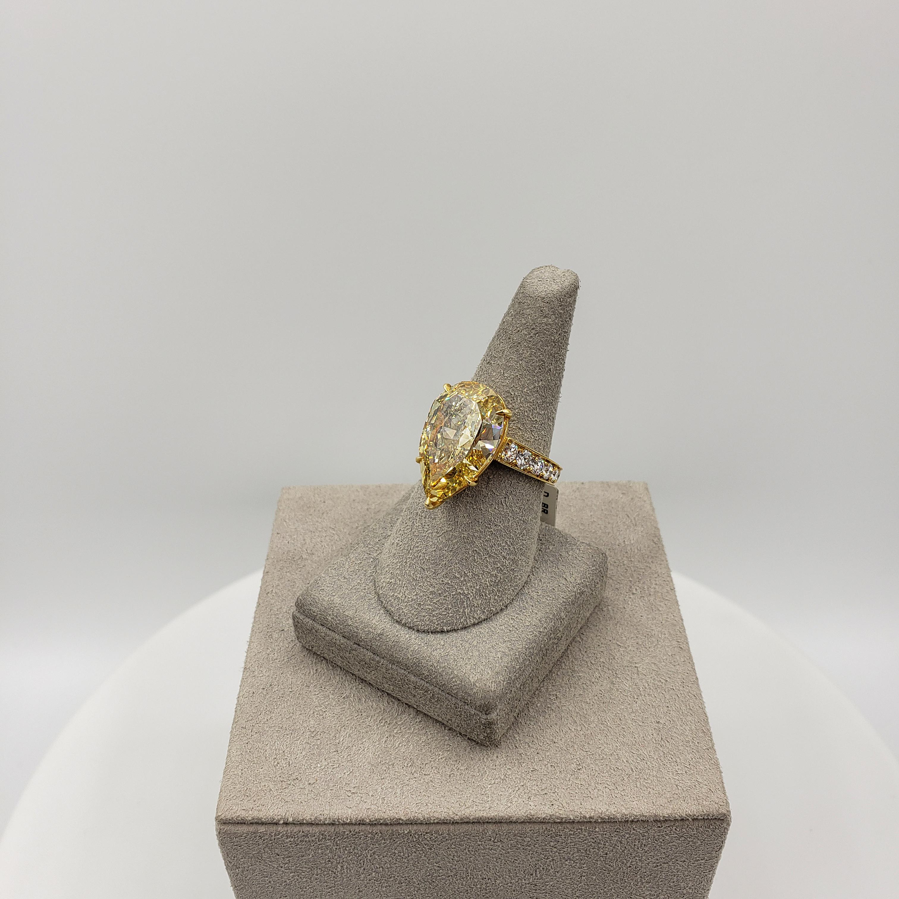 GIA Certified 10.06 Carat Pear Shape Fancy Deep Yellow Diamond Engagement Ring In New Condition For Sale In New York, NY