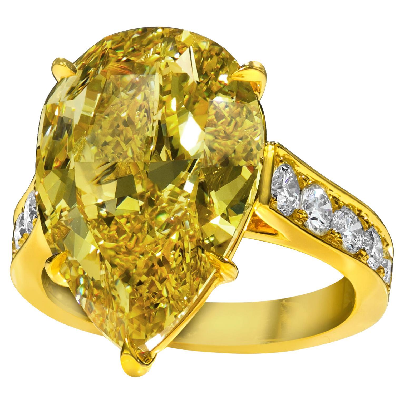 GIA Certified 10.06 Carat Pear Shape Fancy Deep Yellow Diamond Engagement Ring For Sale