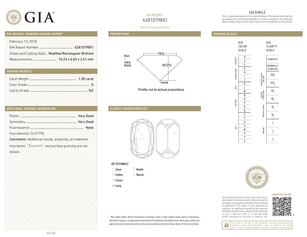 Rapport GIA 1.35ct Mod. Bague de fiançailles à diamant rectangulaire G/SI2 Taille 6.75 en vente 6