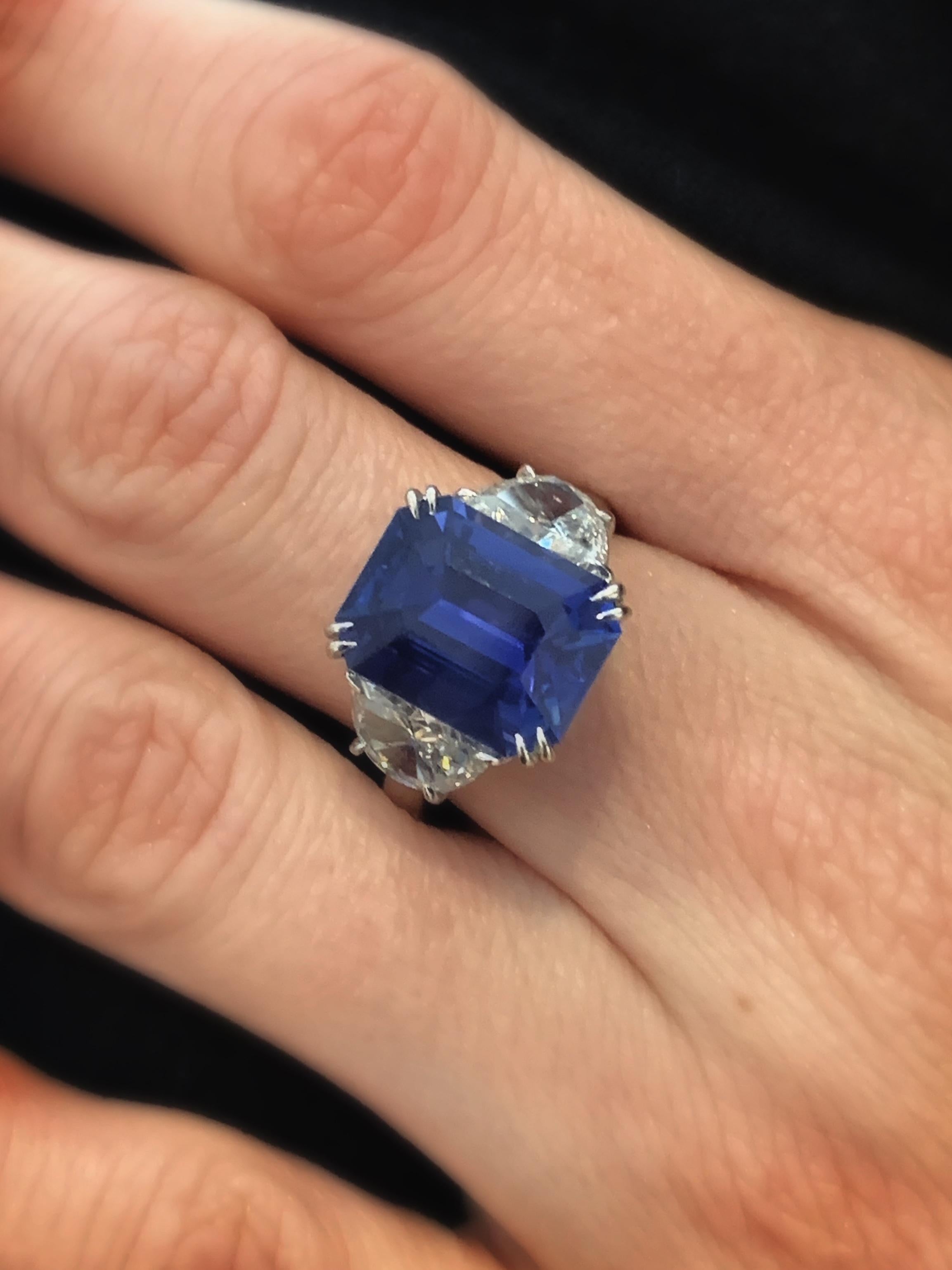 Emerald Cut Ceylon No-Heat Sapphire and Half-Moon Diamond Ring
