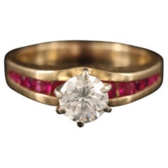 GIA Report Certified 0.8 Carat Diamond and Ruby Yellow Gold Engagement Ring