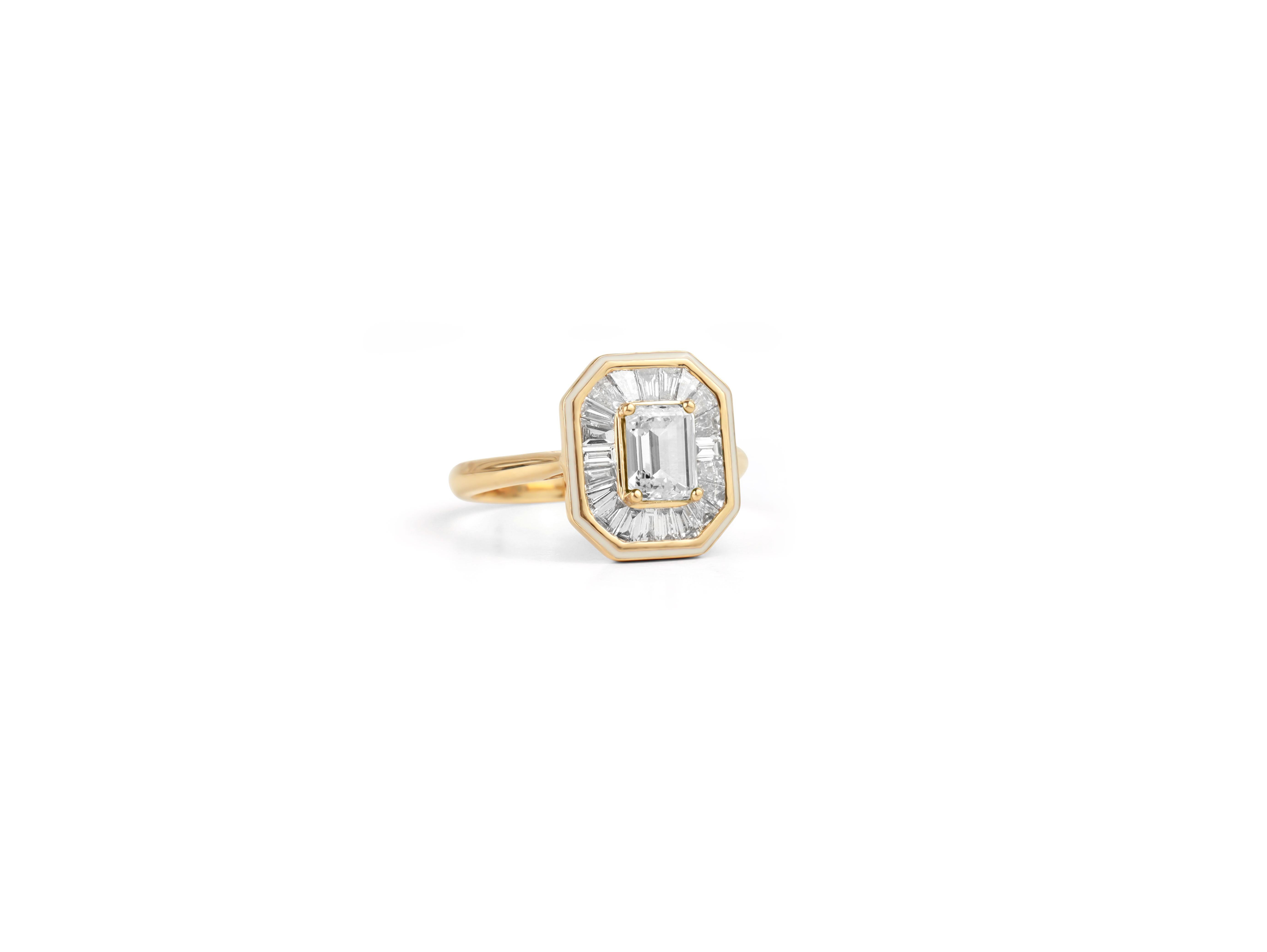 This exquisite 18k solid gold engagement ring features a stunning 1 carat emerald-cut diamond, certified by GIA with an exceptional D color and VVS clarity. The center stone's remarkable clarity and color are further enhanced by a halo of sparkling