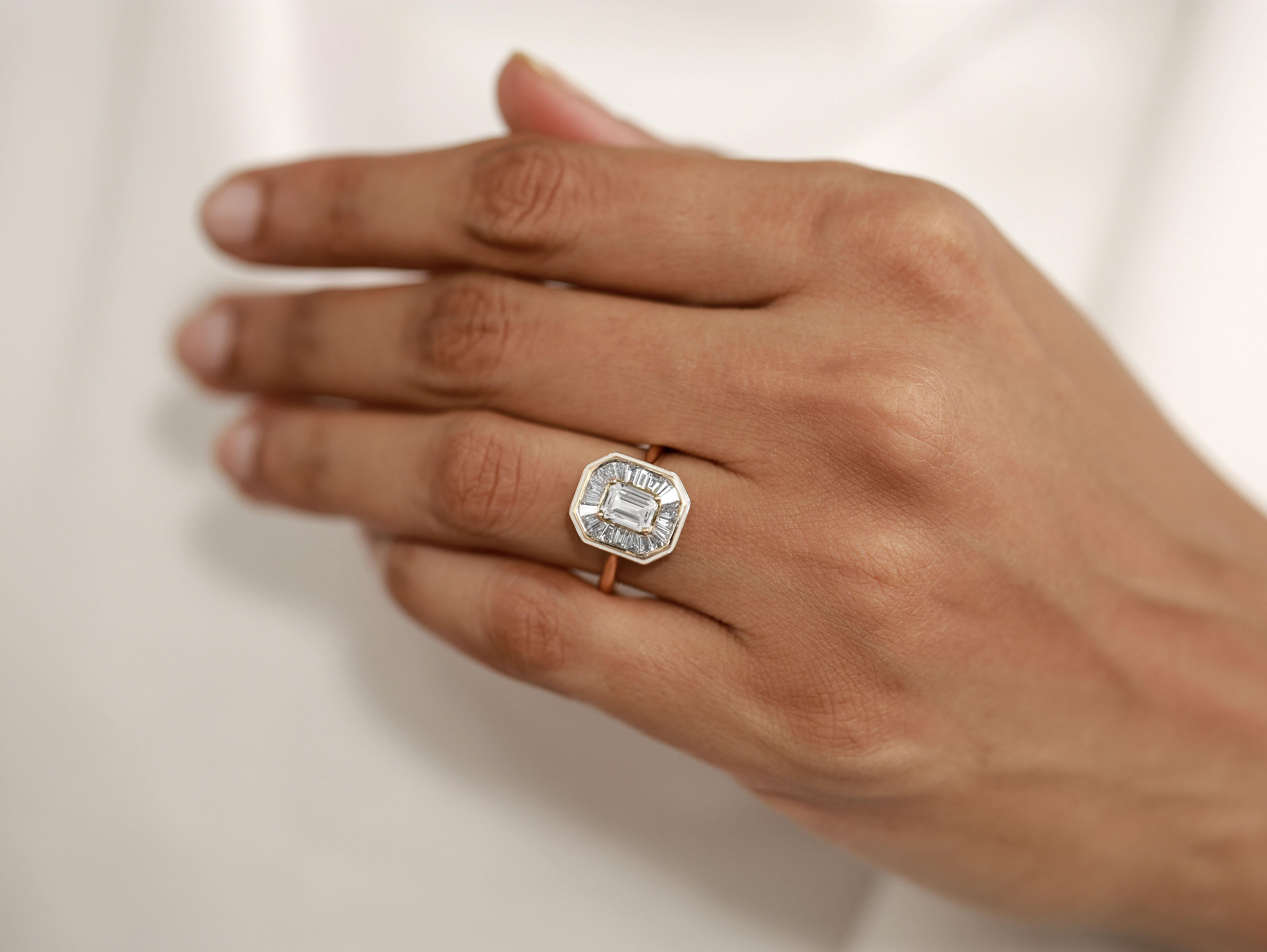 GIA Report Certified 1 Carat D VVS Emerald Cut Diamond 18k Halo Engagement Ring In New Condition For Sale In Jaipur, RJ