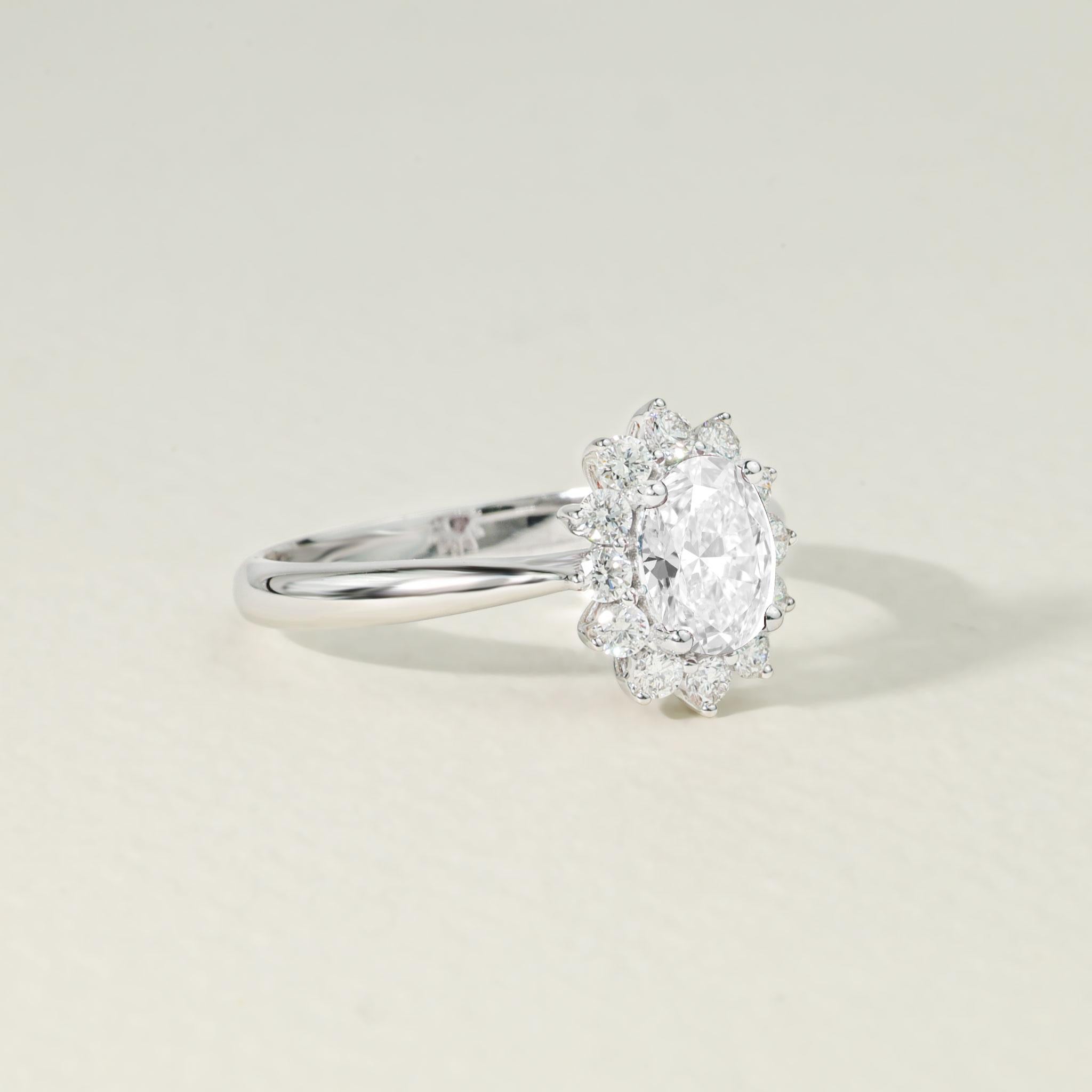 Art Deco GIA Certified 1ct Oval-Cut Diamond Halo Engagement Ring in 18K White Gold For Sale