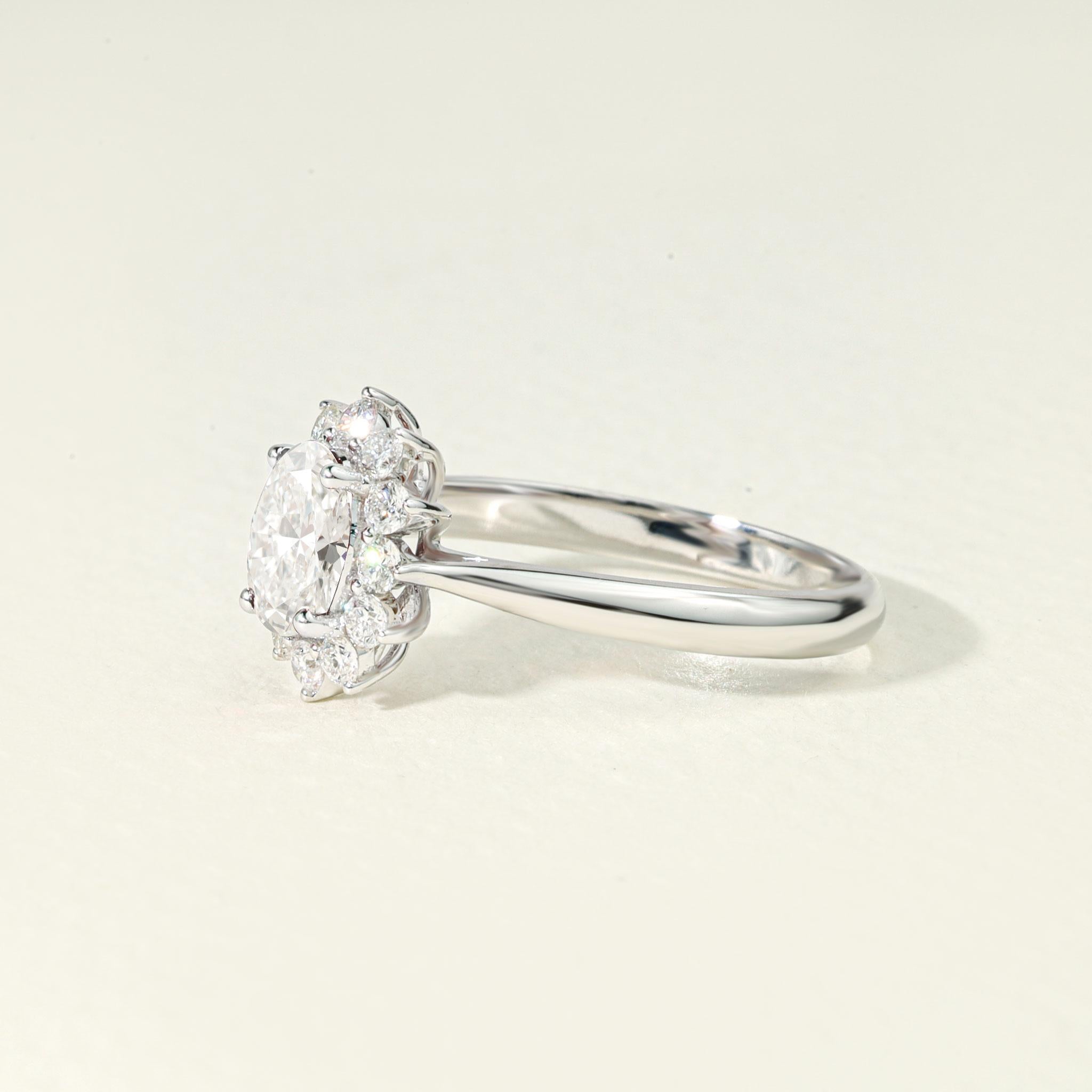 Oval Cut GIA Certified 1ct Oval-Cut Diamond Halo Engagement Ring in 18K White Gold For Sale