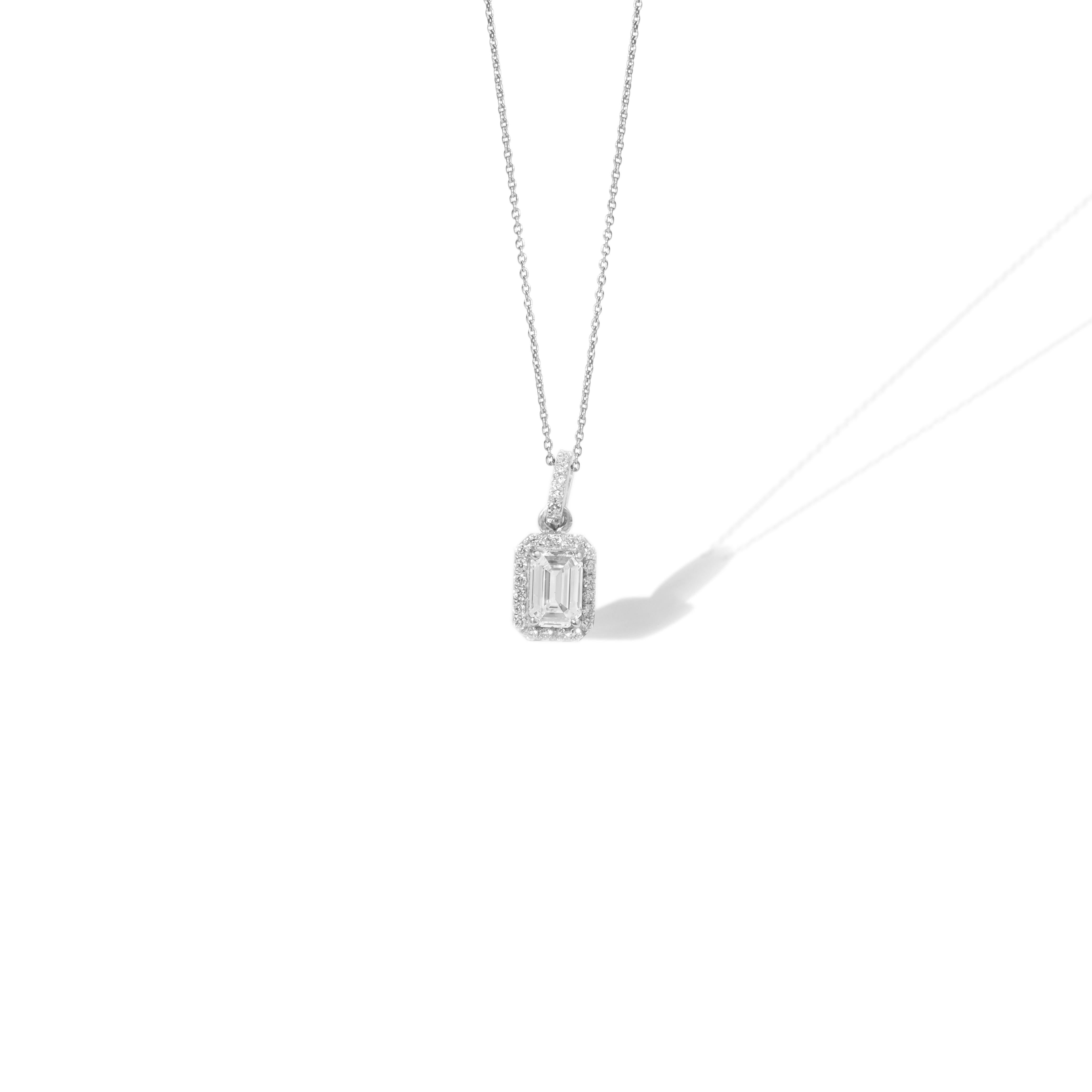 GIA Certified 1.00ct Emerald‑Cut Diamond Halo Pendant Necklace in 18K White Gold For Sale 3