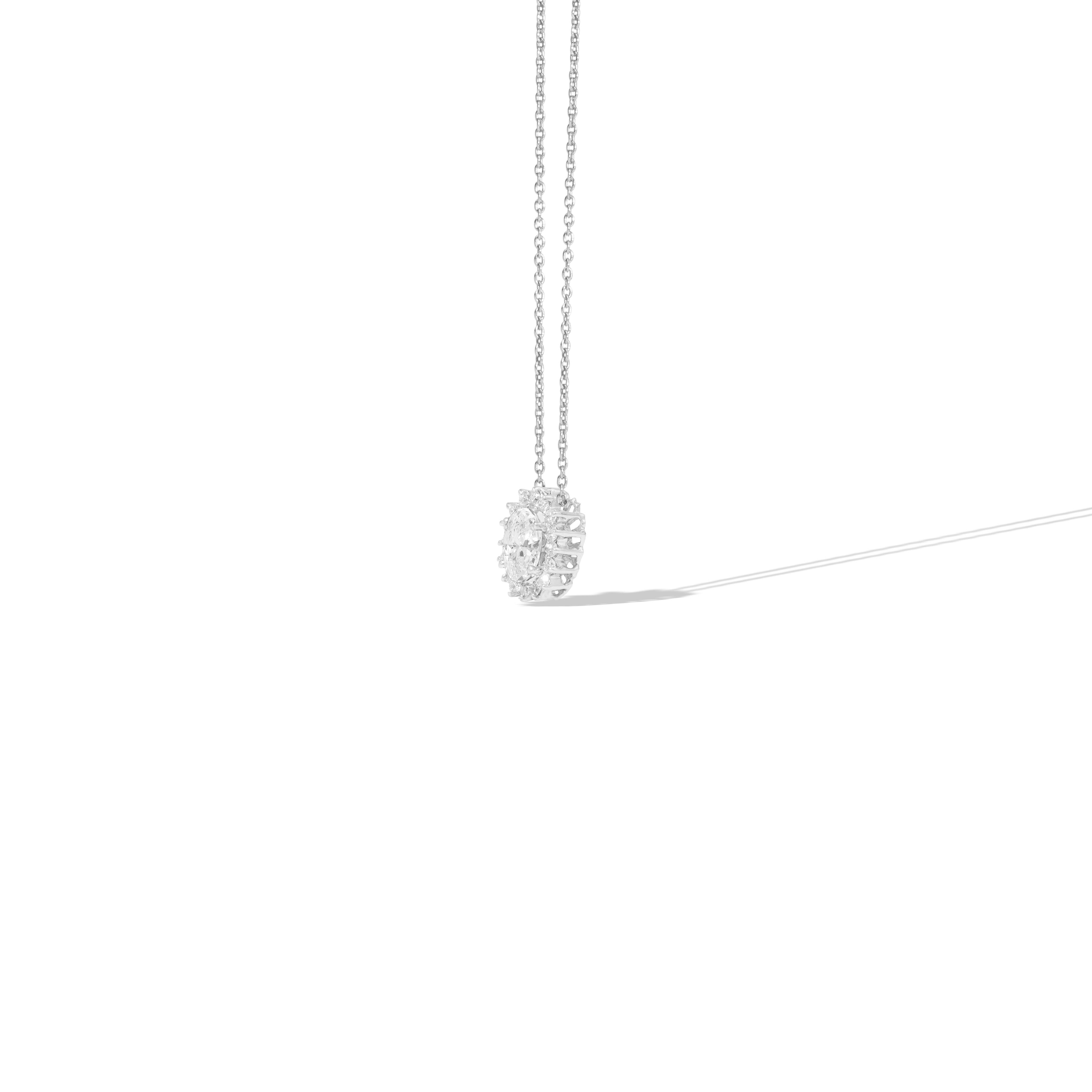 Art Deco GIA Report Certified 1 Carat Oval Cut E VVS Diamond Halo Pendant Necklace For Sale