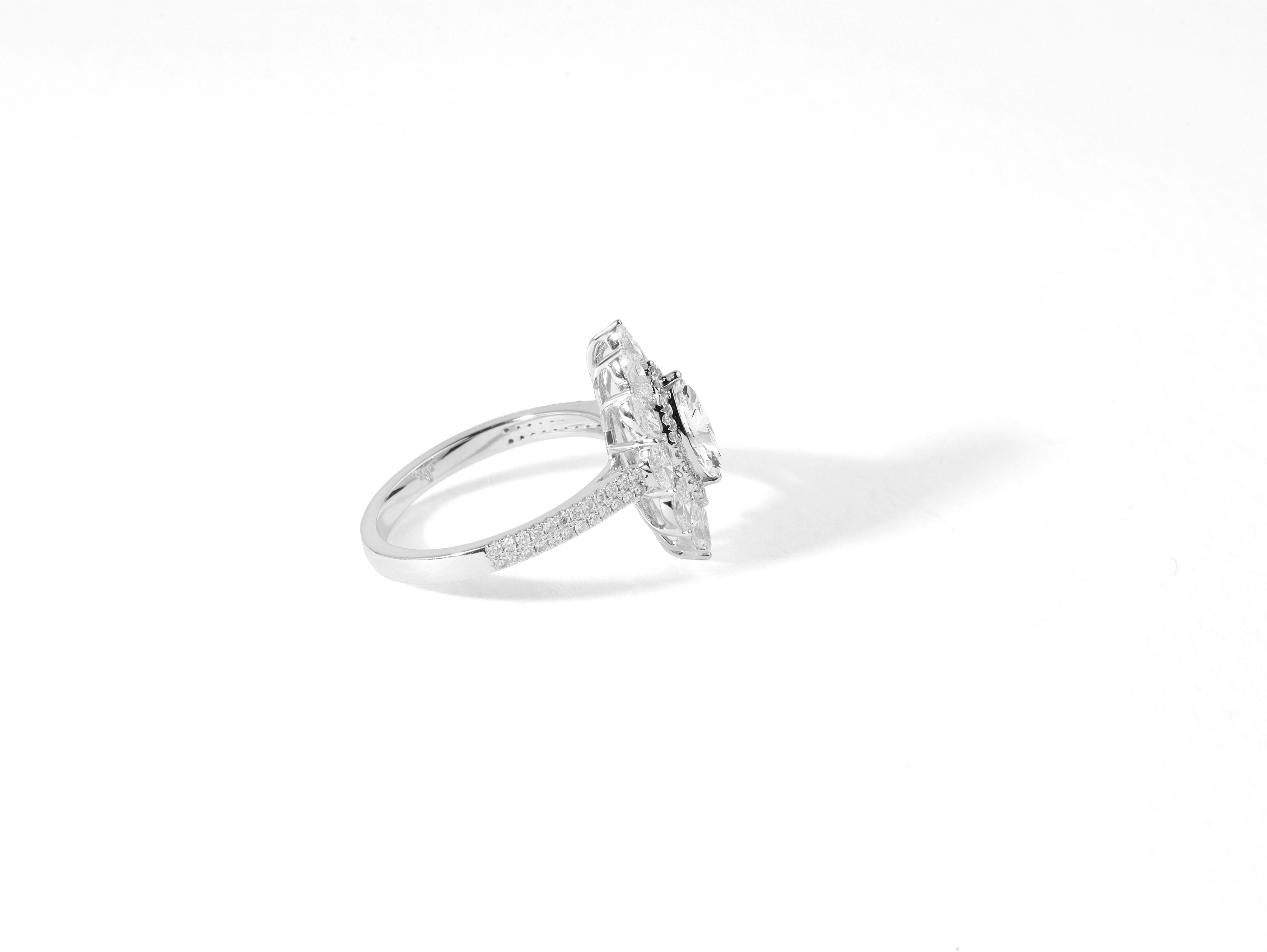 Art Deco GIA Report Certified 1 Ct Marquise E VVS Diamond Halo Ring in 18k White Gold For Sale
