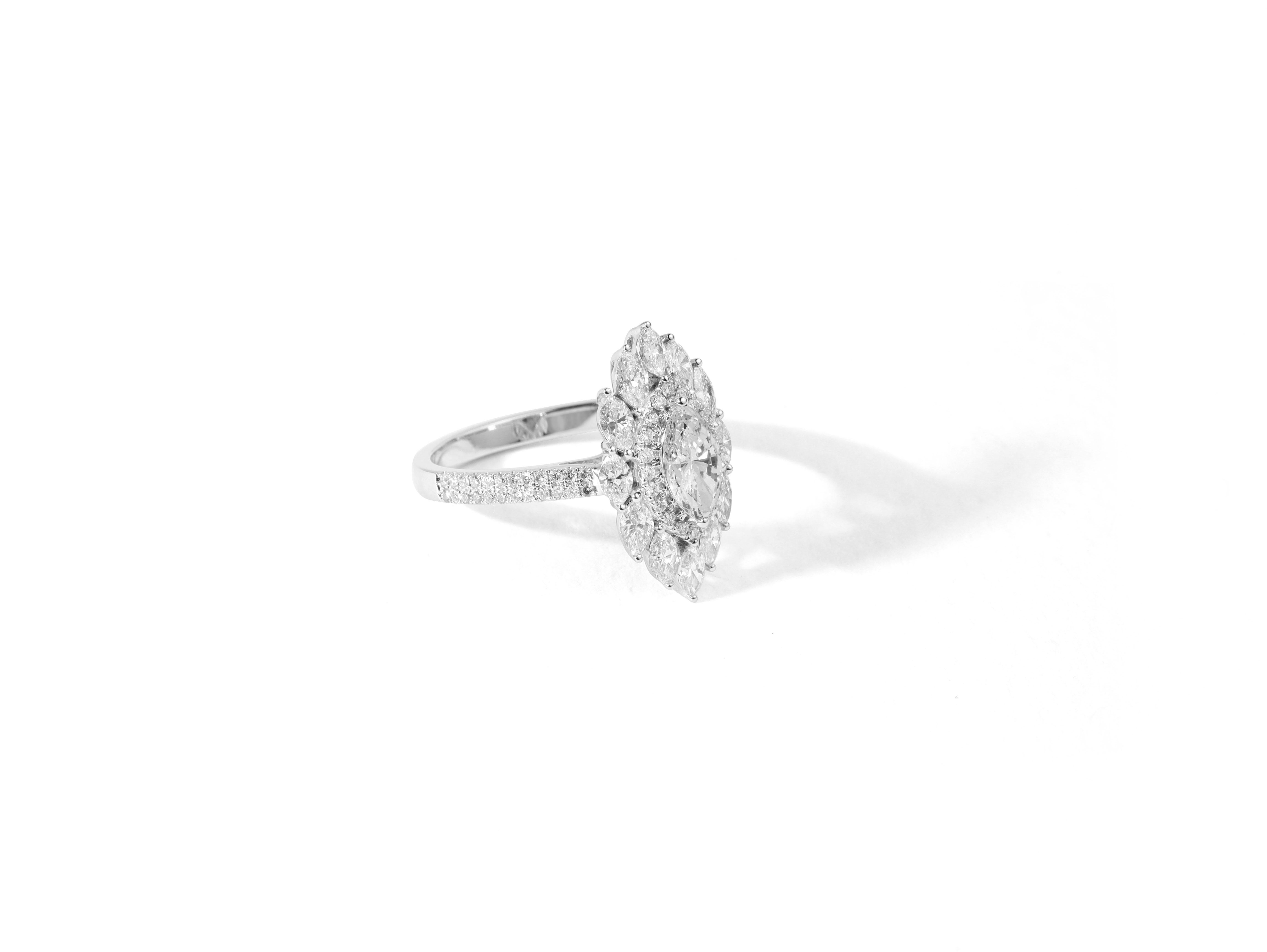 Marquise Cut GIA Report Certified 1 Ct Marquise E VVS Diamond Halo Ring in 18k White Gold For Sale