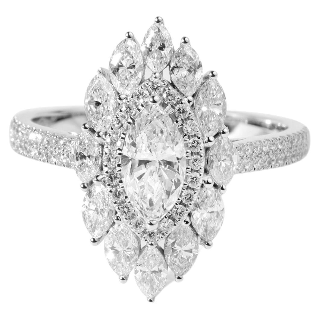 GIA Report Certified 1 Ct Marquise E VVS Diamond Halo Ring in 18k White Gold