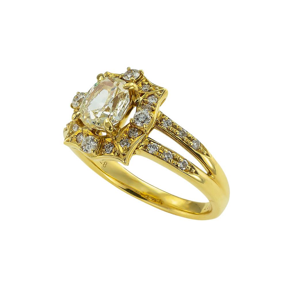 GIA report certified 1.00-carat cushion-cut diamond and yellow gold engagement ring circa 1990. *

ABOUT THIS ITEM:  #R-JH3122F. Scroll down for specifications.  This estate GIA-certified 1.00-carat lite yellow color cushion-cut diamond engagement