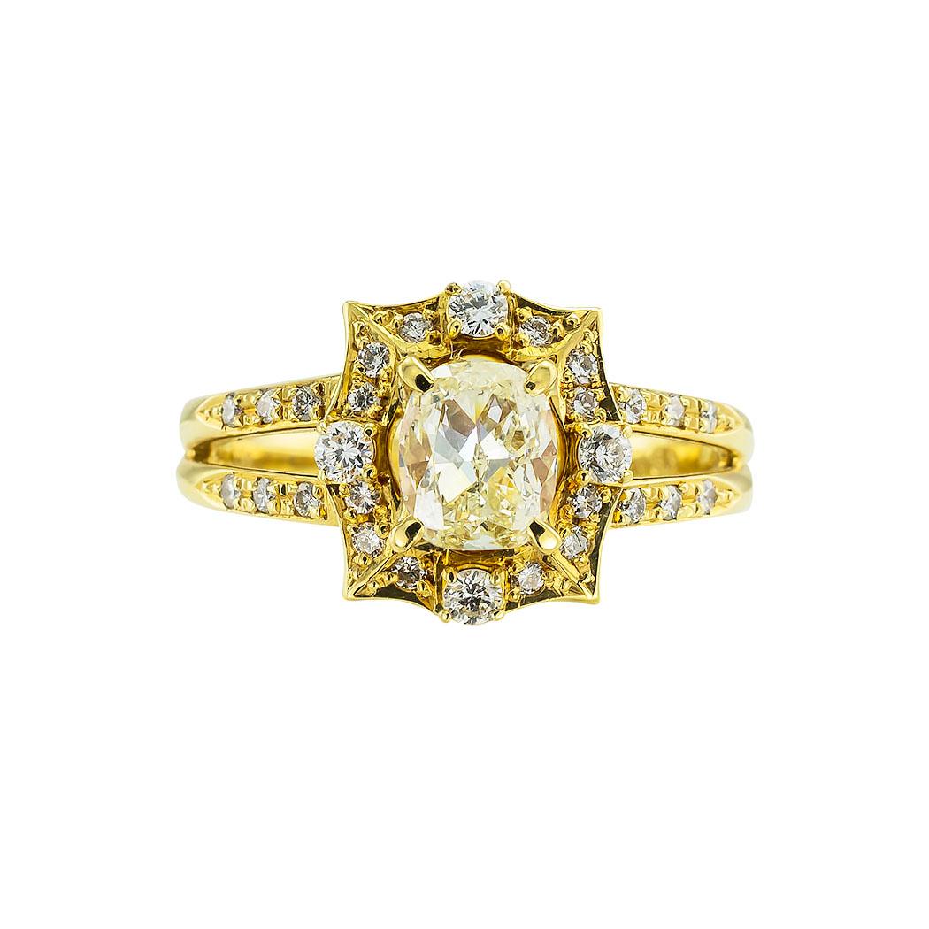 Cushion Cut GIA Report Certified 1.00 Carat Lite Yellow Diamond Yellow Gold Engagement Ring