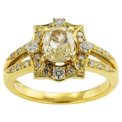 GIA Report Certified 1.00 Carat Lite Yellow Diamond Yellow Gold Engagement Ring