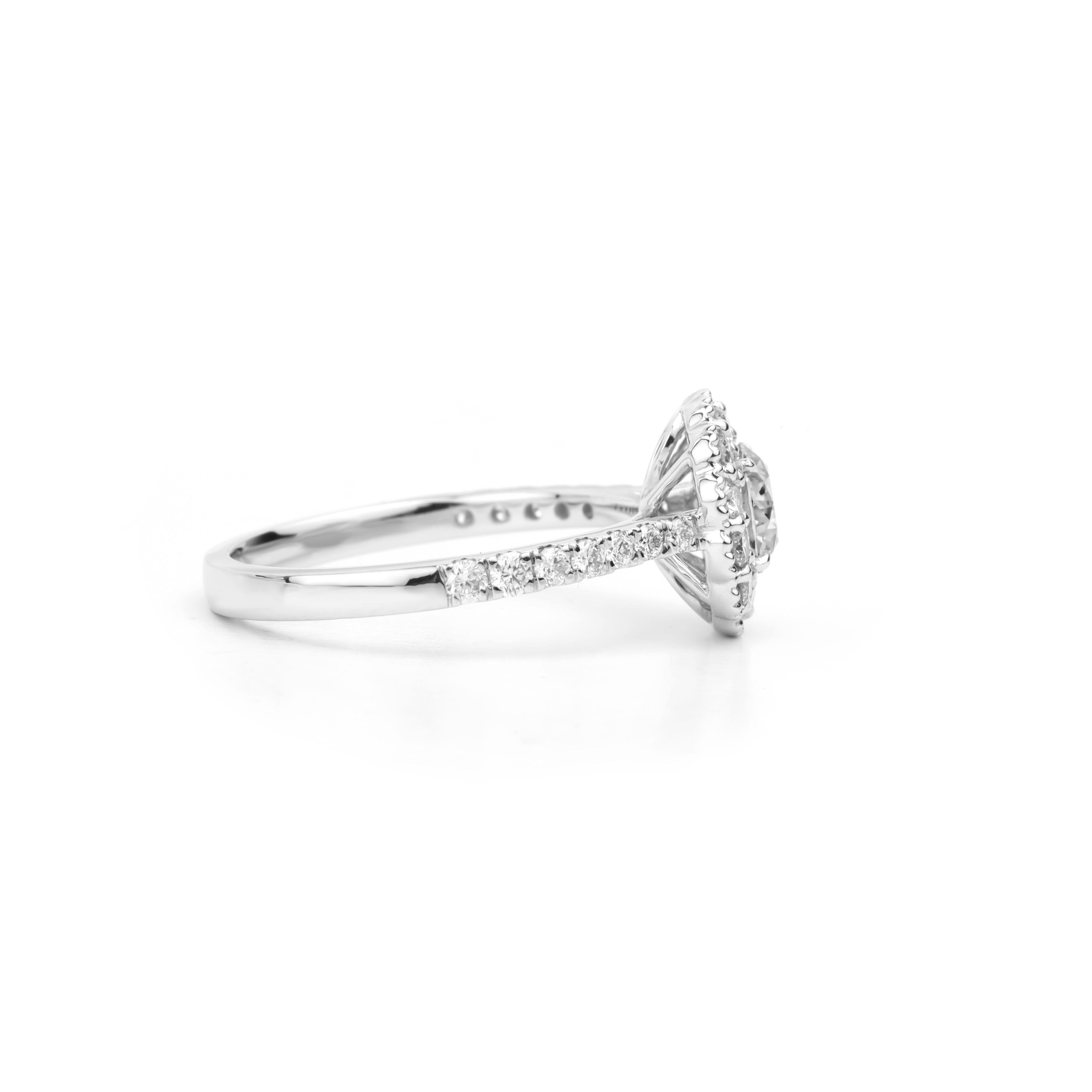 Art Deco GIA Certified 1.1tcw Round‑Cut Diamond Halo Engagement Ring in 18K White Gold For Sale