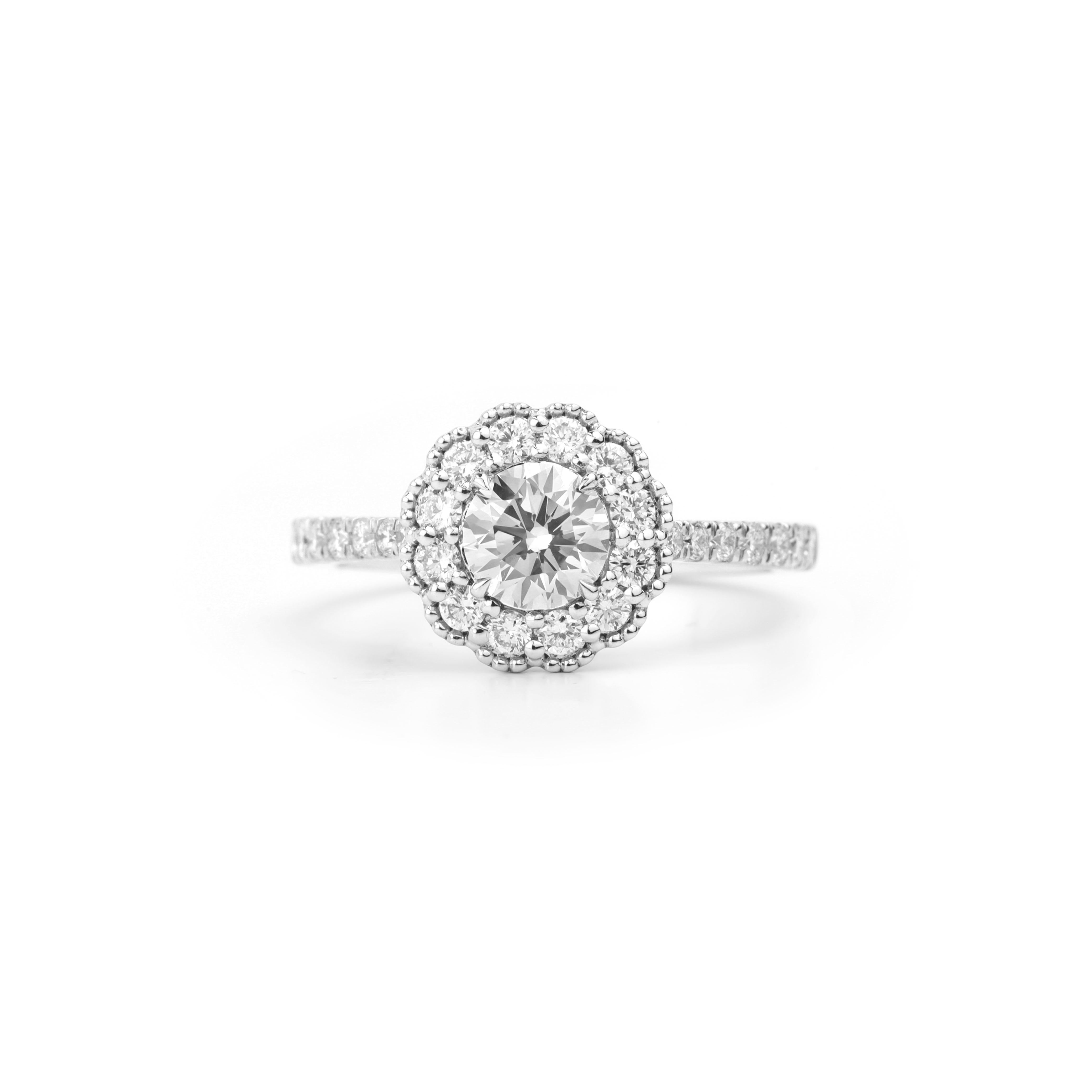 Round Cut GIA Certified 1.1tcw Round‑Cut Diamond Halo Engagement Ring in 18K White Gold For Sale