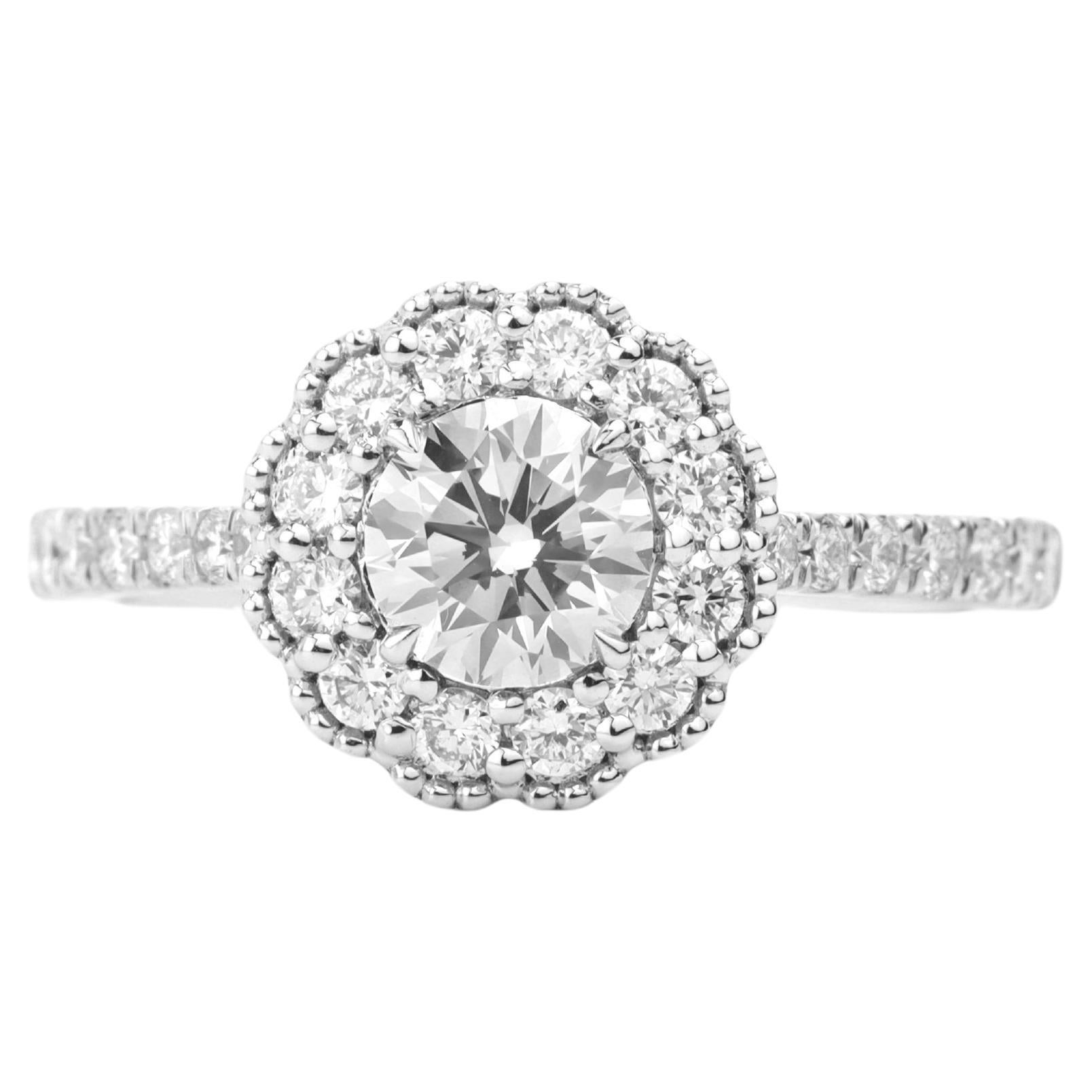 GIA Report Certified 1.1 tcw E VS Round Cut Halo Engagement Ring in White Gold