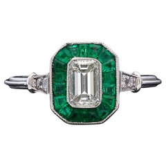 Art Deco Certified Natural Diamond and Emerald Engagement Ring in 18K Gold
