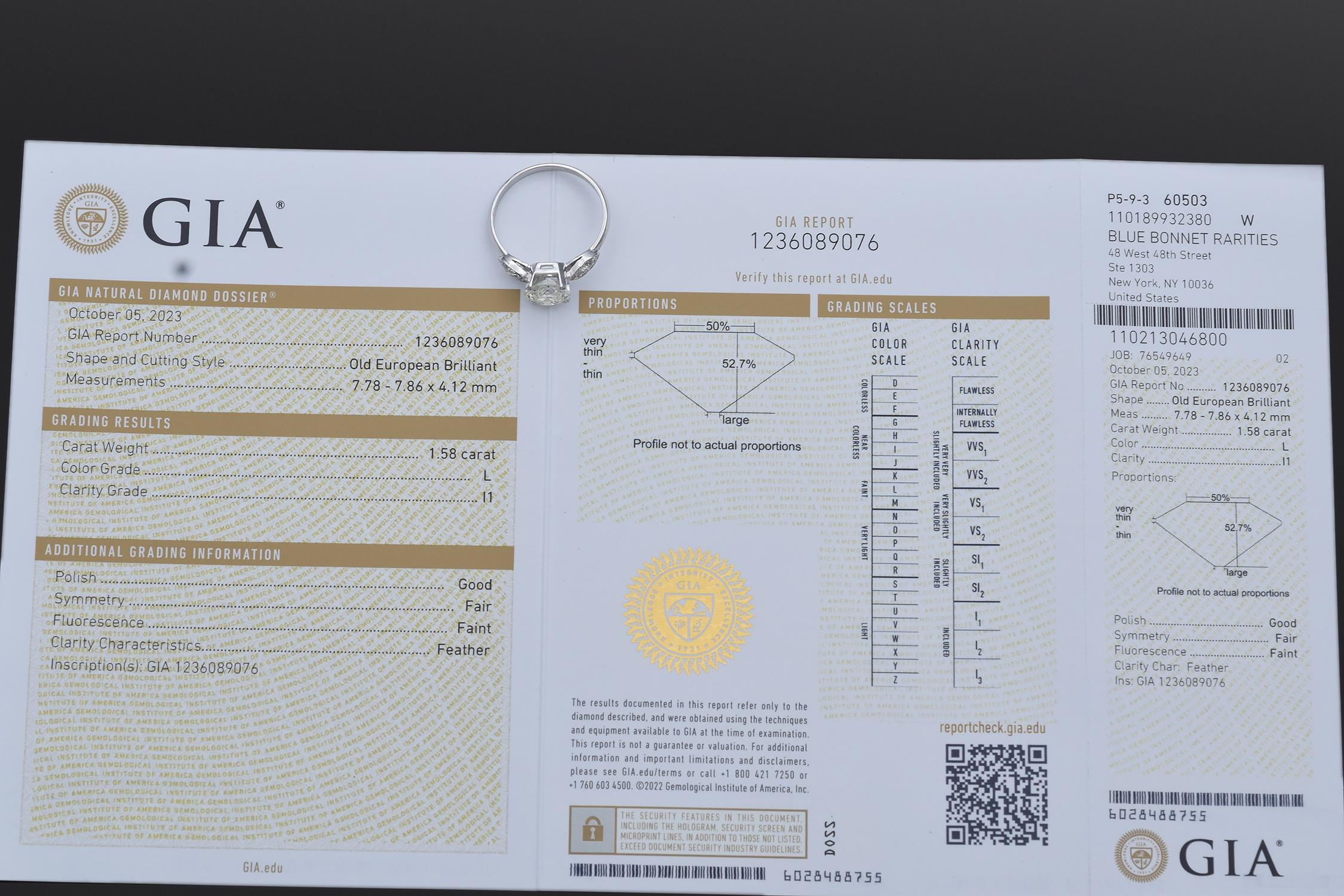 GIA Report Certified 1.58Ct Old Euro Cut Center Diamond Platinum Ring 1.92TCW en vente 2