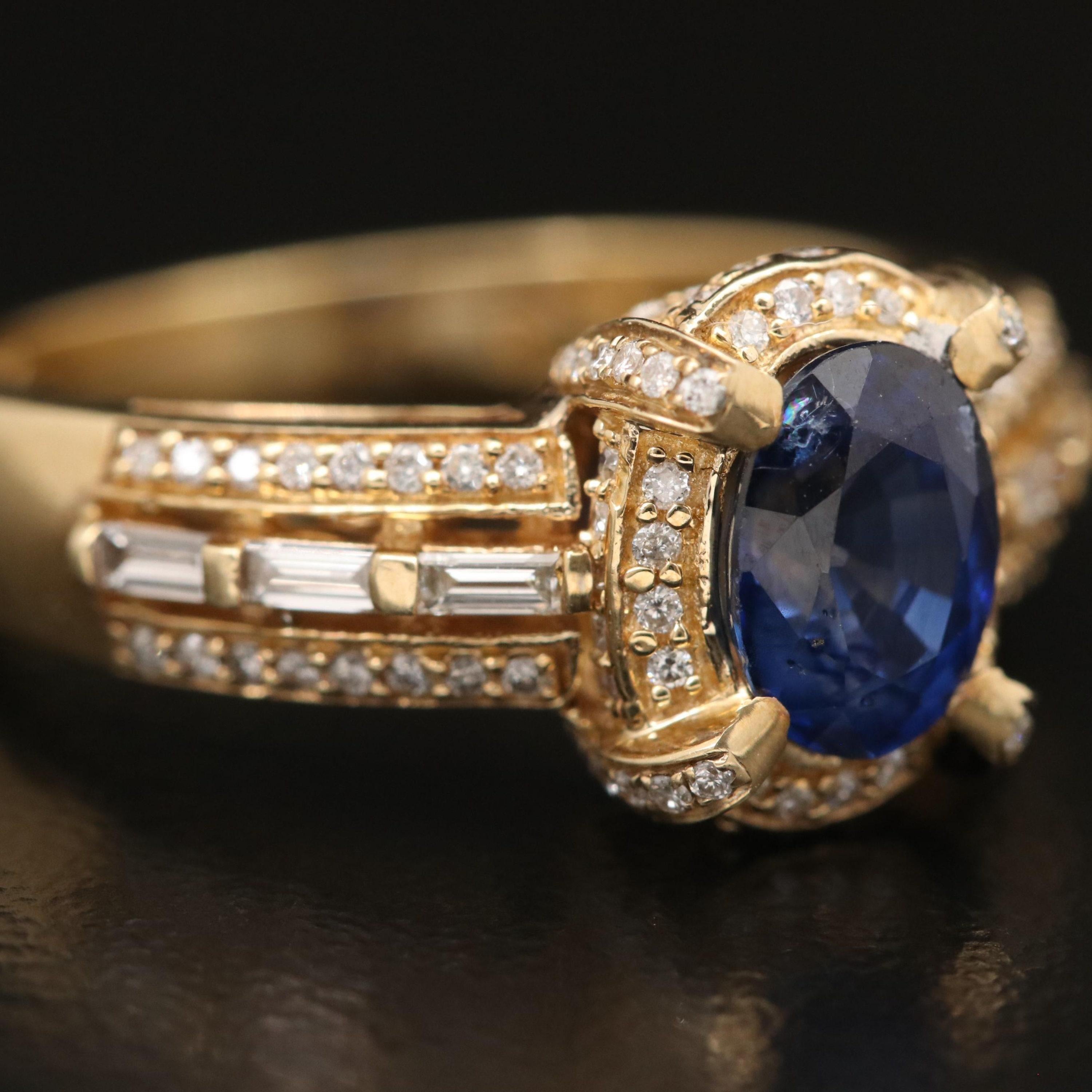 For Sale:  Art Deco 1.65 Carat Natural Sapphire and Diamond Yellow Gold Engagement Ring 2