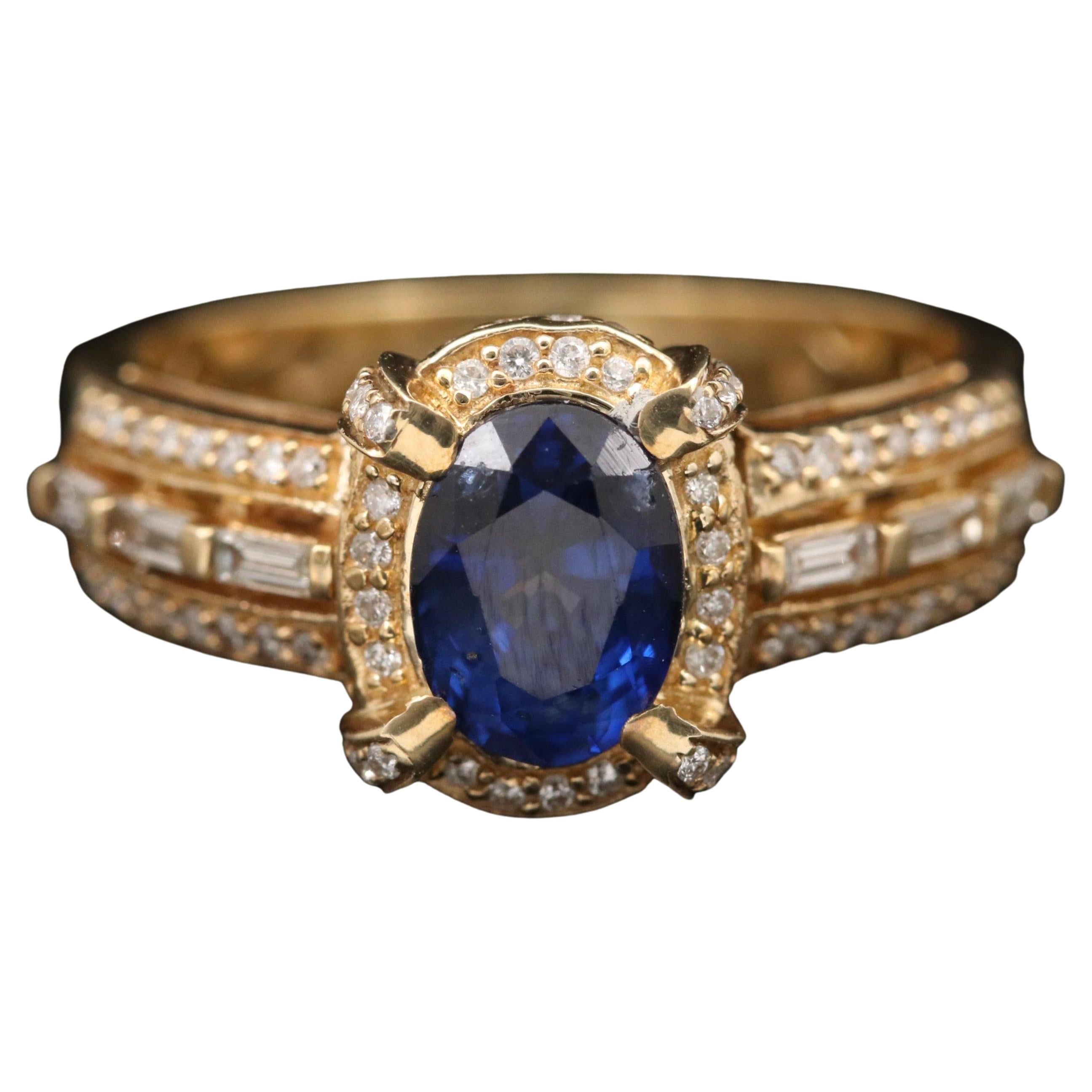 For Sale:  Art Deco 1.65 Carat Natural Sapphire and Diamond Yellow Gold Engagement Ring
