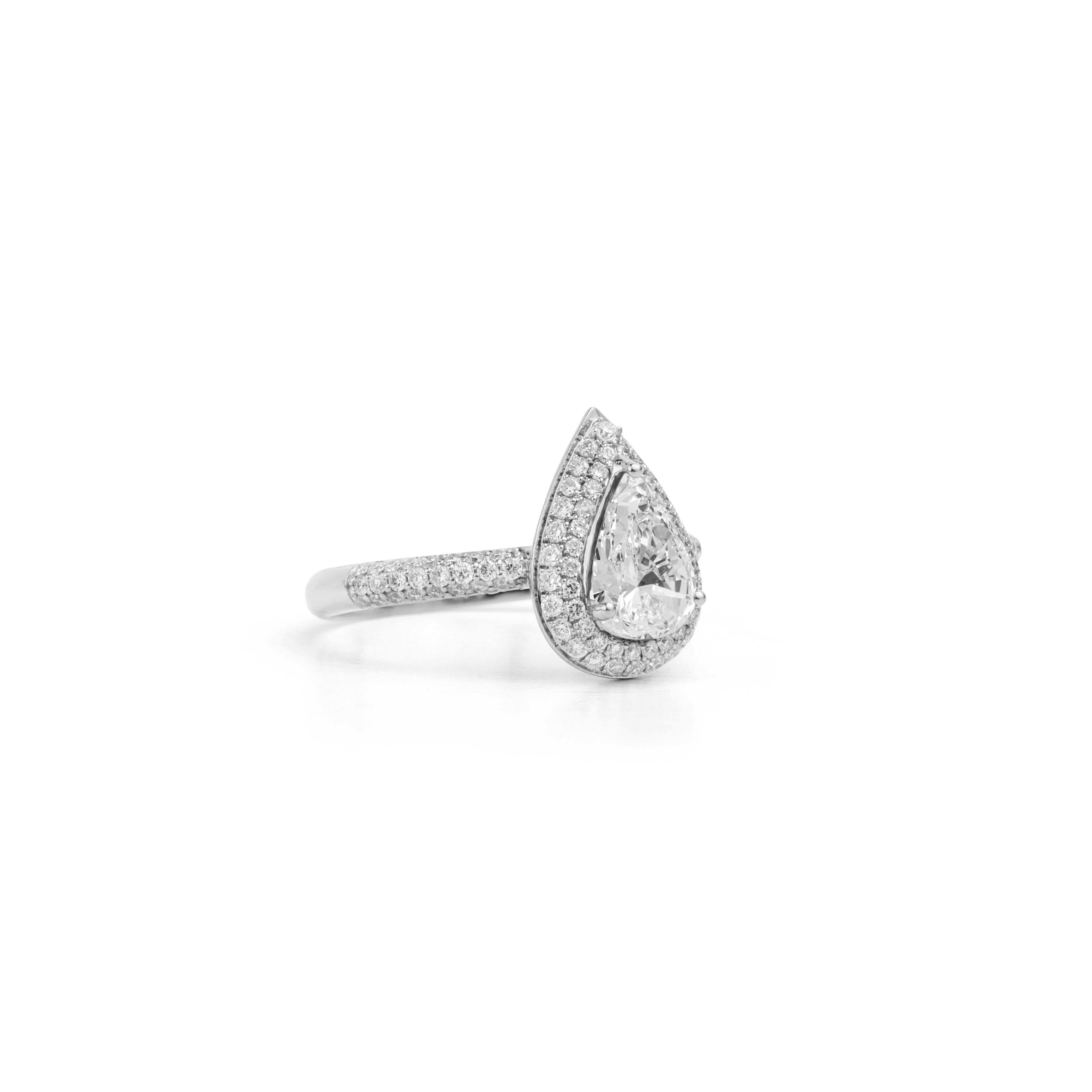 Art Deco GIA Report Certified 1.75 Carat E VVS Pear Cut Diamond 18k Halo Engagement Ring For Sale