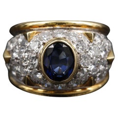 Vintage 1.79 Carat Sapphire and Diamond Yellow Gold Engagement Ring Band