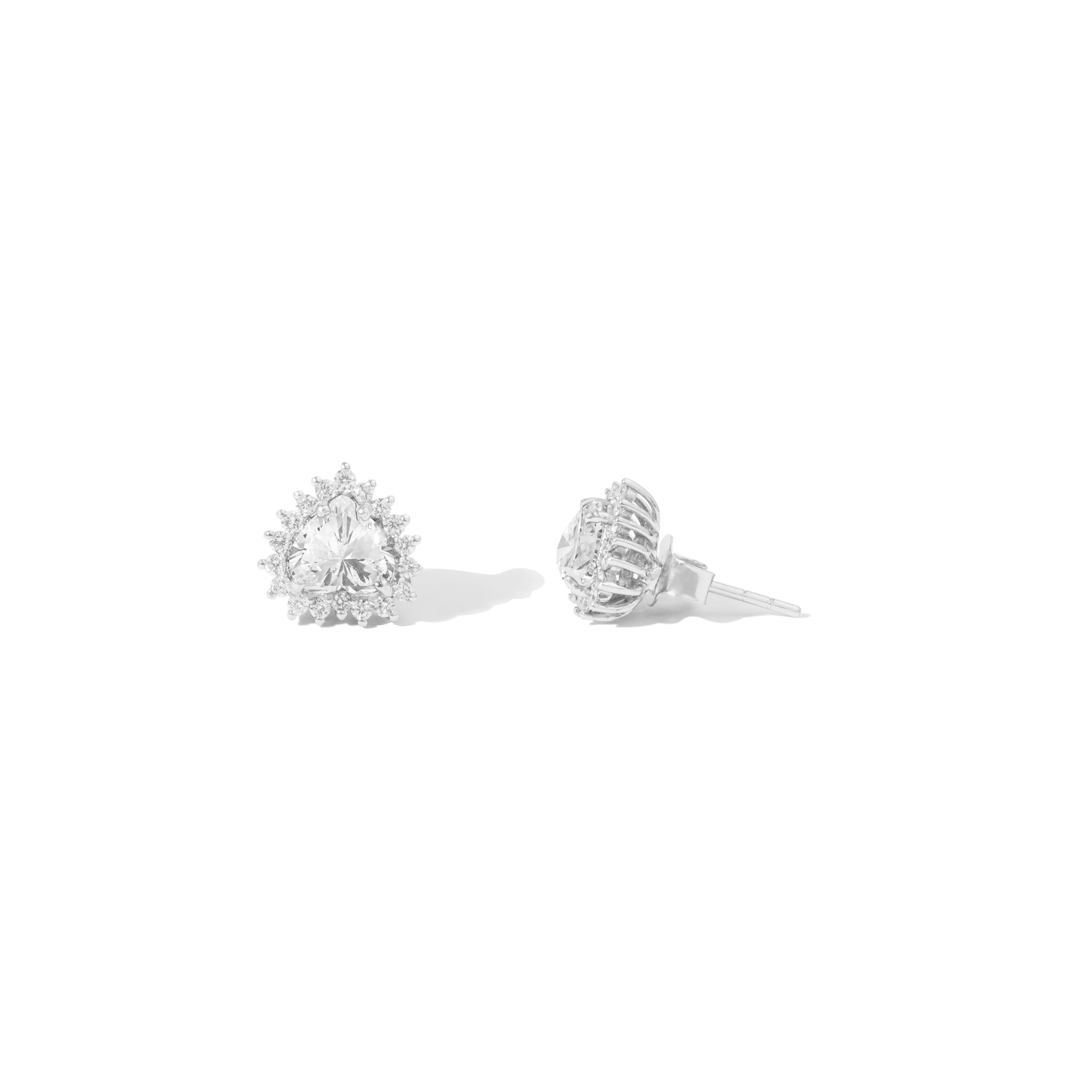 Heart Cut GIA Report Certified 1.8 Carats Heart G VS Natural Diamond Halo Stud Earrings For Sale