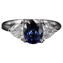 Certified 1.8 Carat Sapphire and Diamond White Gold Engagement Three-Stone Ring