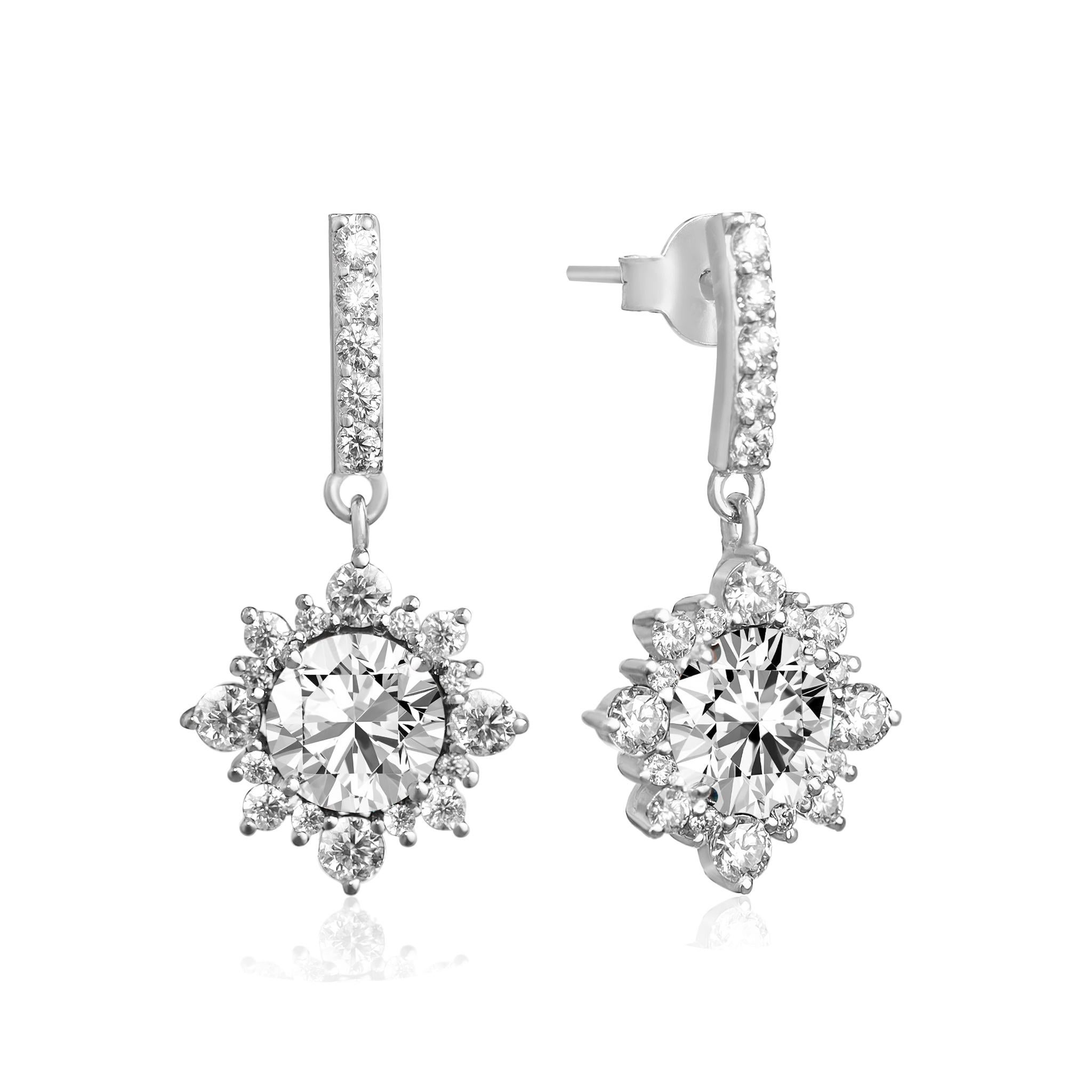 GIA Report Certified 2 carat Art Deco Diamond Round Cut Drop Dangle Earrings 

Available in 18k white gold.

Same design can be made also with other custom gemstones per request.

Product details:

- Solid gold (approx. 7 grams)

- approx. 2 carat