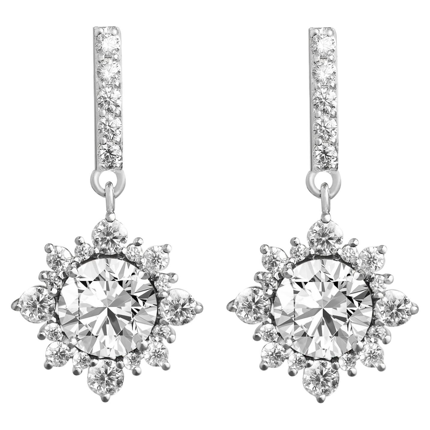 GIA Report Certified 2 carat Art Deco Diamond Round Cut Drop Dangle Earrings 