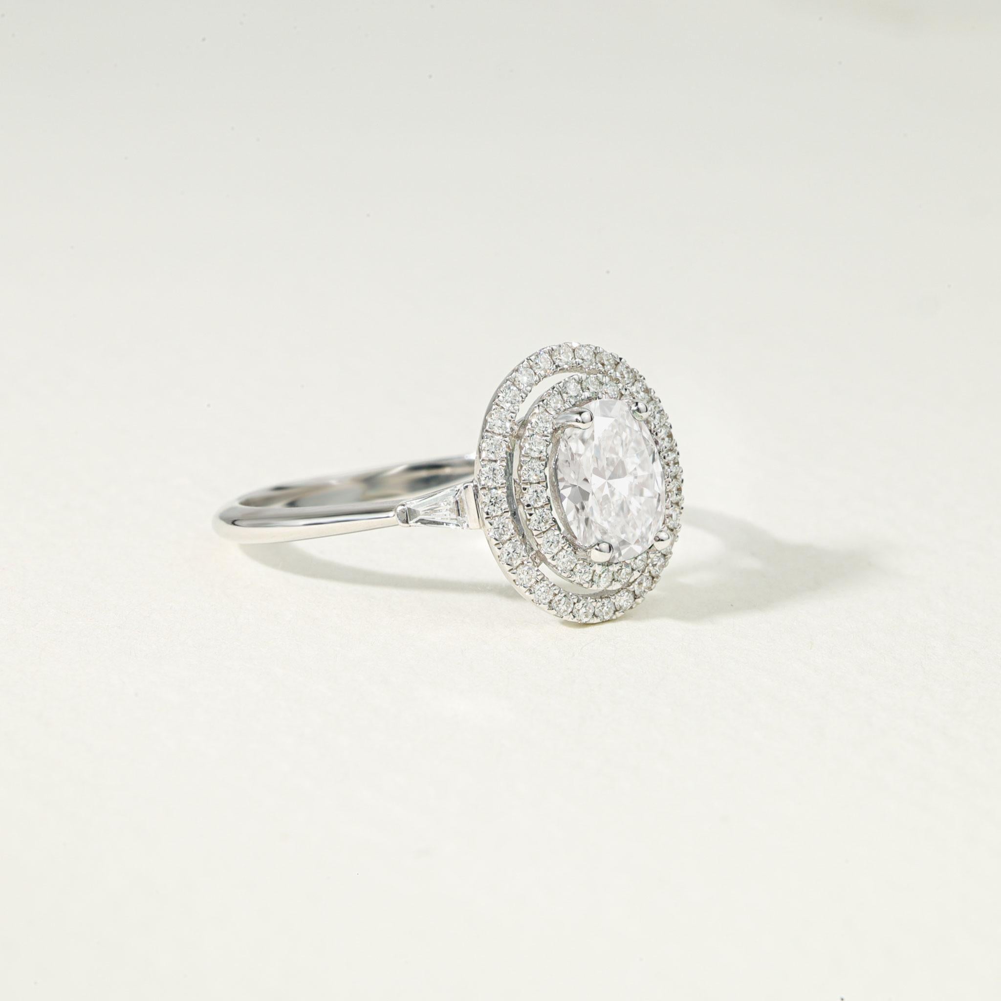 Art Deco GIA Certified 1.5ct Oval-Cut Diamond Double Halo Engagement Ring – 18K WhiteGold For Sale